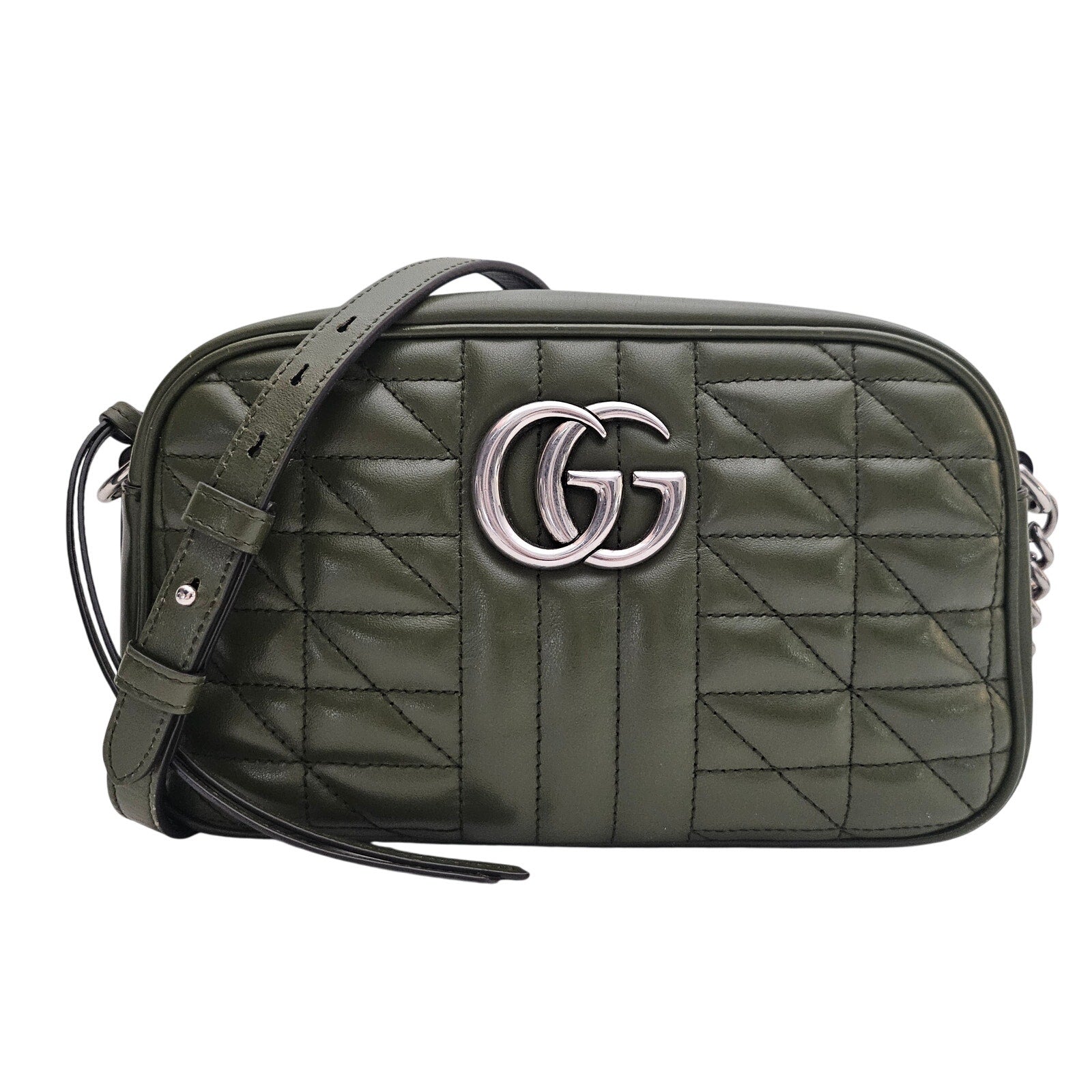 Gucci Calfskin Matelasse Aria Small GG Marmont Chain Shoulder Bag Green