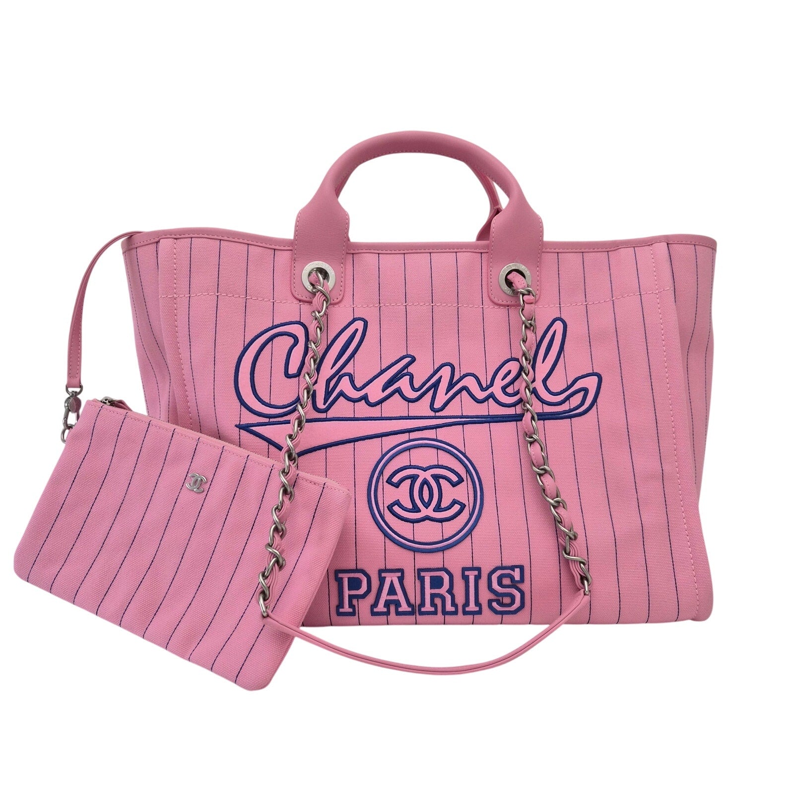 Chanel Deauville Medium Tote Bag Pink Pinstriped Canvas Blue Logo + Pouch