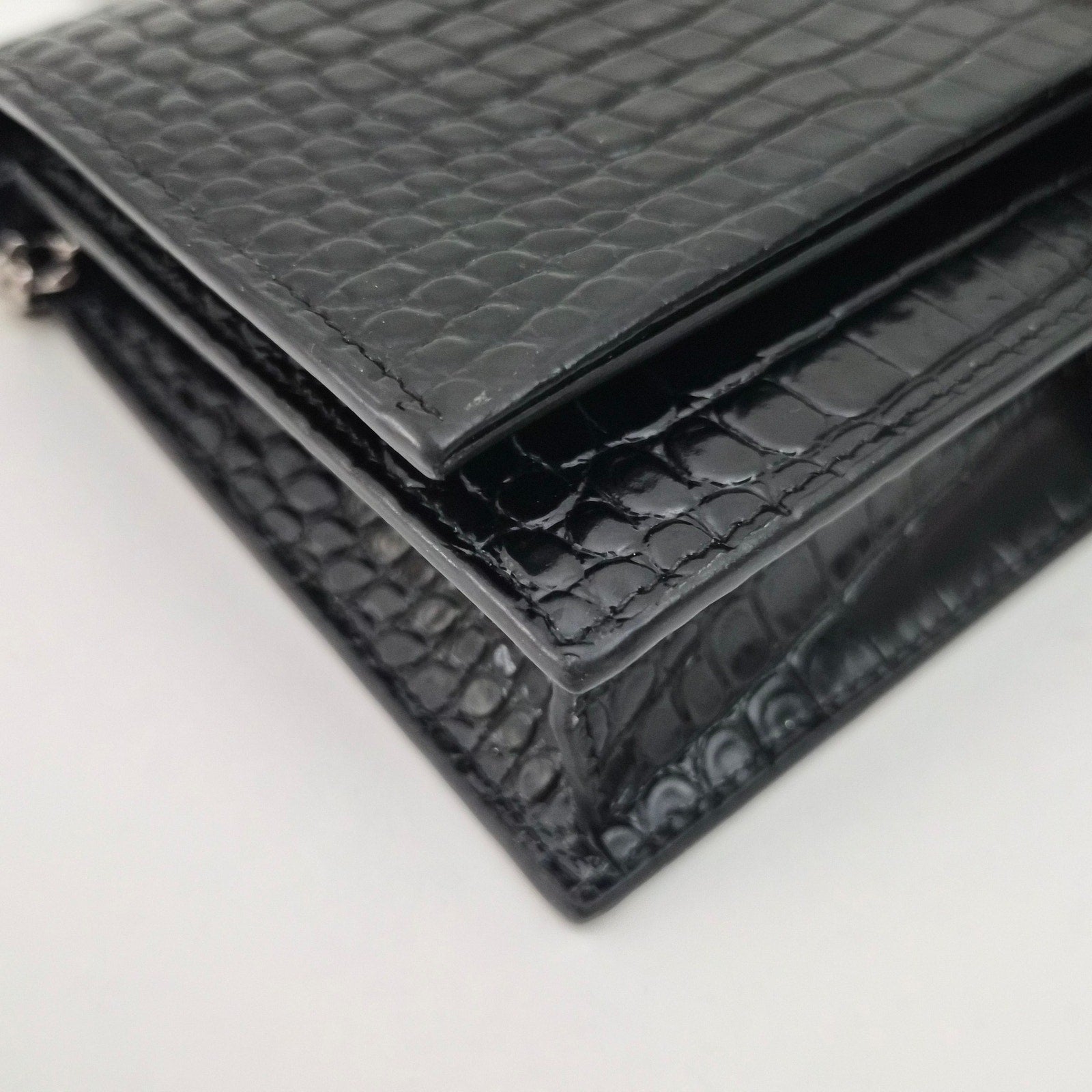 Saint Laurent Crocodile Embossed Kate Monogram Tassel Chain Wallet Black