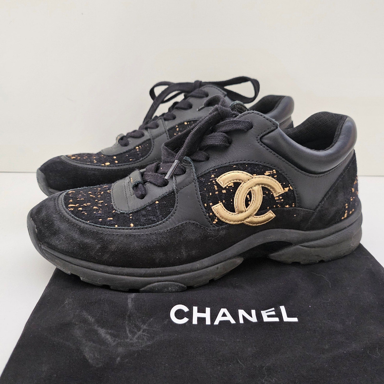 Chanel CC Black Suede Trainer Sneakers US 8.5 / EU 38.5