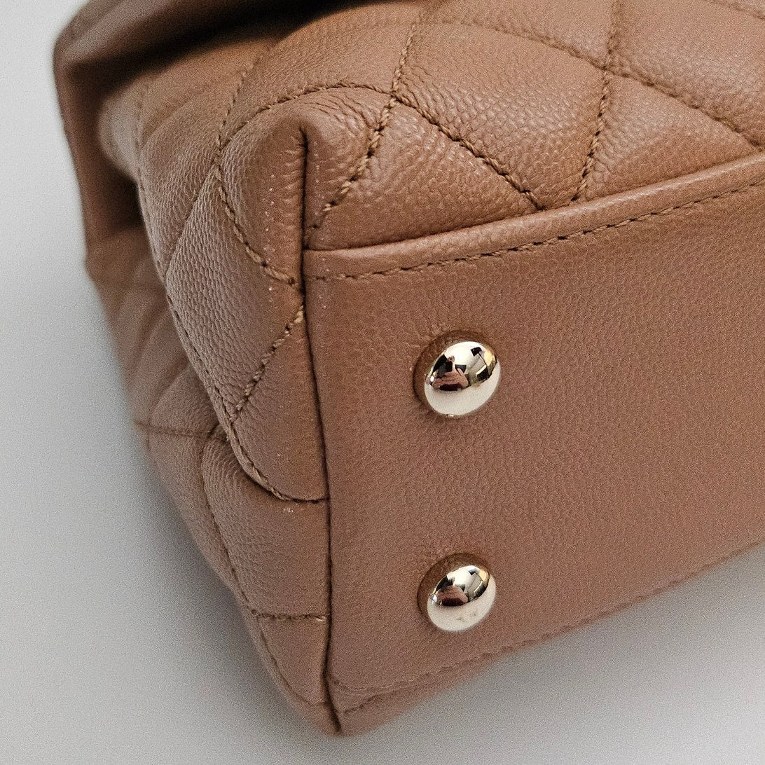 Chanel 21P Caramel Brown Caviar Leather Mini Coco Handle Gold Hardware