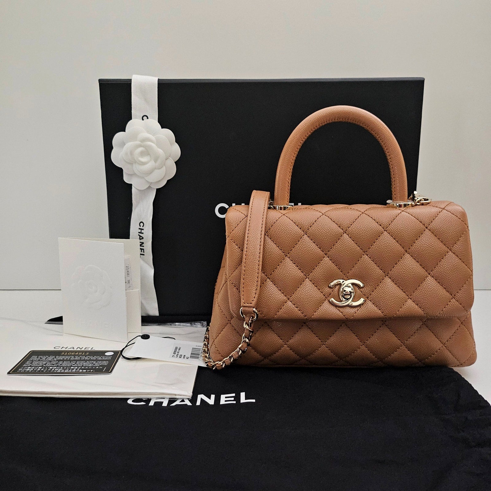 Chanel 21P Caramel Brown Caviar Leather Mini Coco Handle Gold Hardware