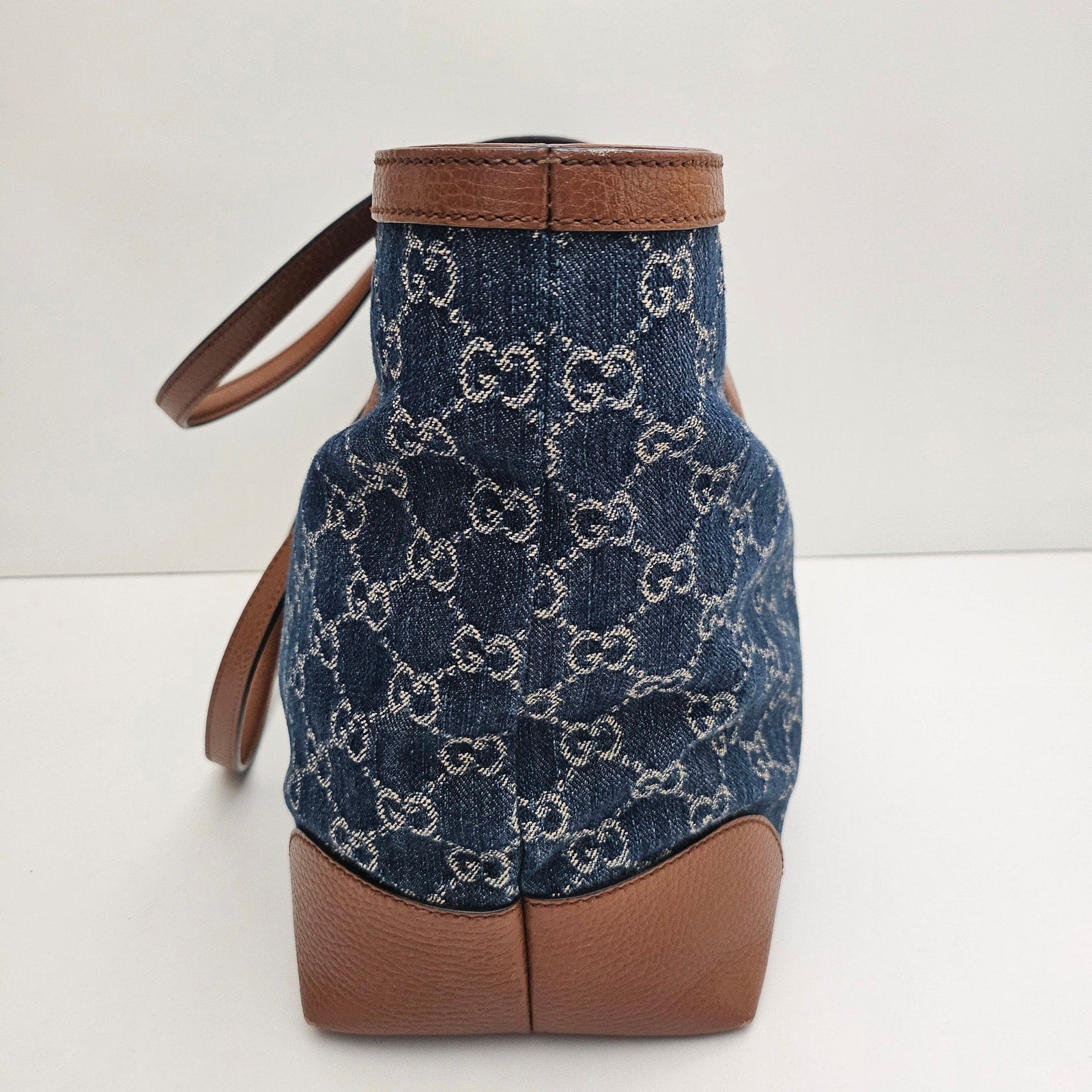 Gucci Denim GG Monogram Medium Ophidia Shopping Tote Blue Tea Cuir