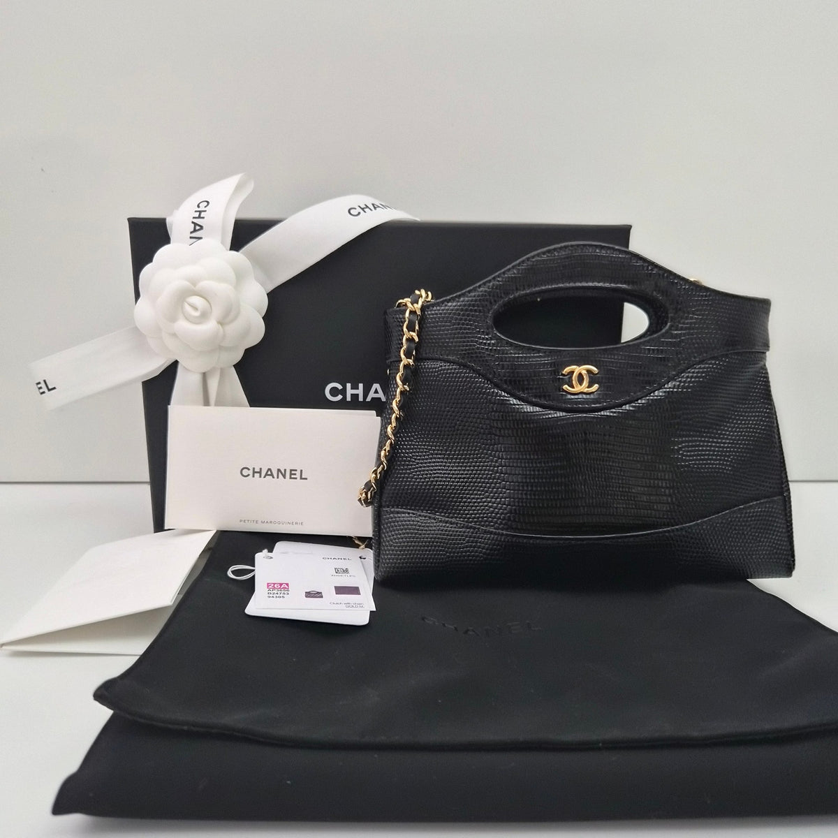 Chanel 31 Lizard Embossed Calfskin Clutch with Chain Black