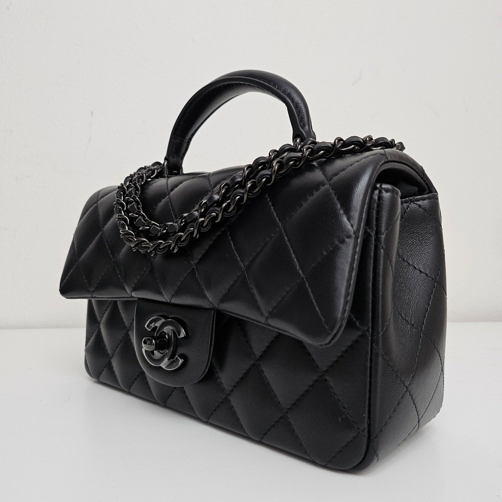 Chanel Lambskin Quilted Mini Top Handle Rectangular Flap So Black Bag