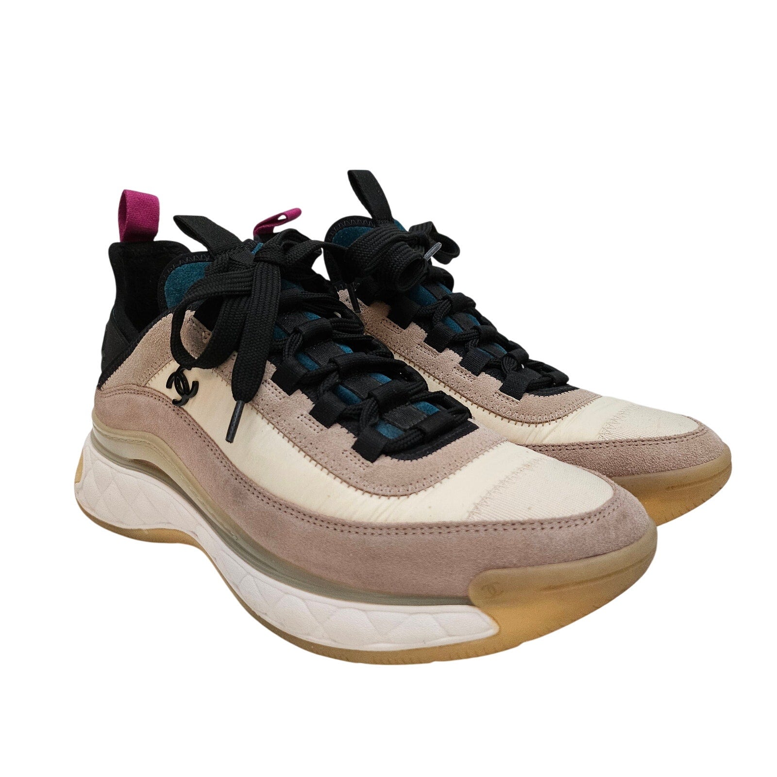 Chanel 20K Beige Pink Black Beige CC Logo Lace Up Flat Runner Trainer Sneaker US 8.5 / EU 38.5
