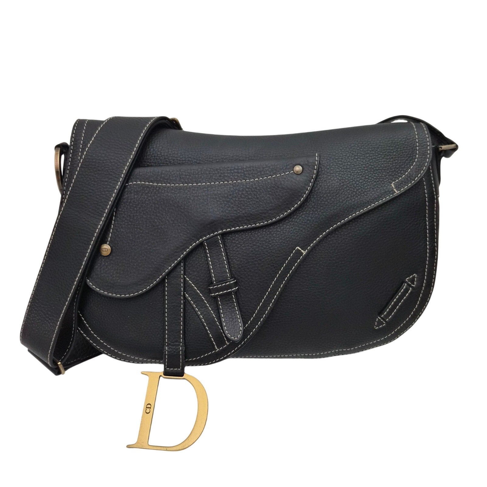Christian Dior Vintage Saddle Messenger Bag Leather Black