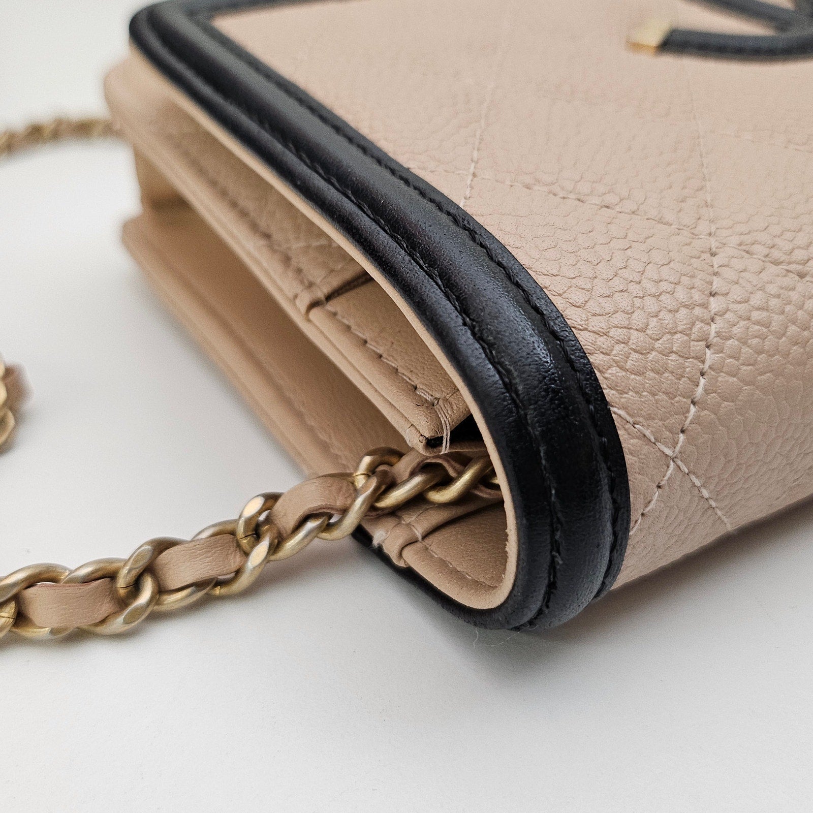 Chanel Caviar Quilted CC Filigree Wallet On Chain WOC Black Tan