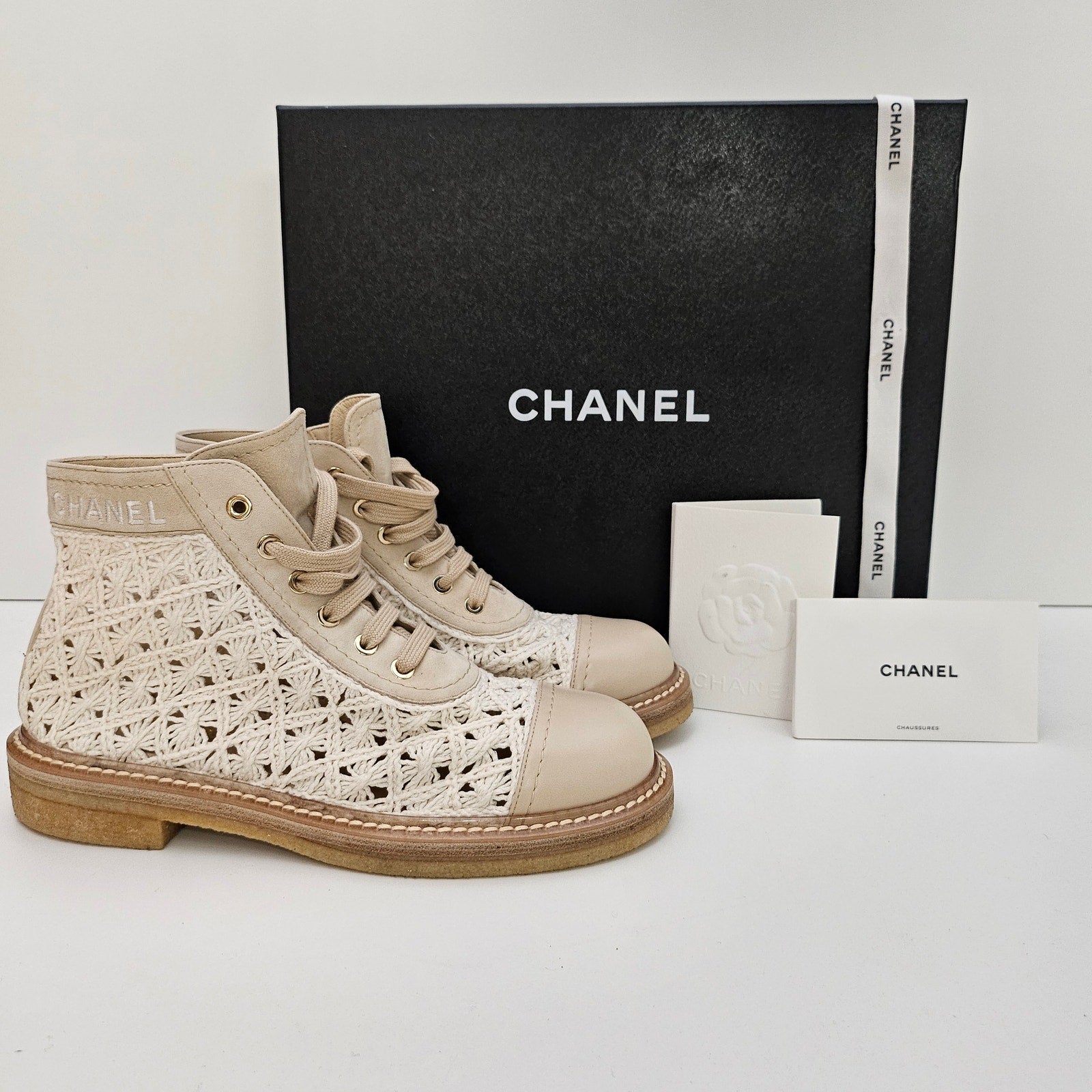 Chanel 2019 CC Logo Crochet White Boots US 7.5 / EU 37.5
