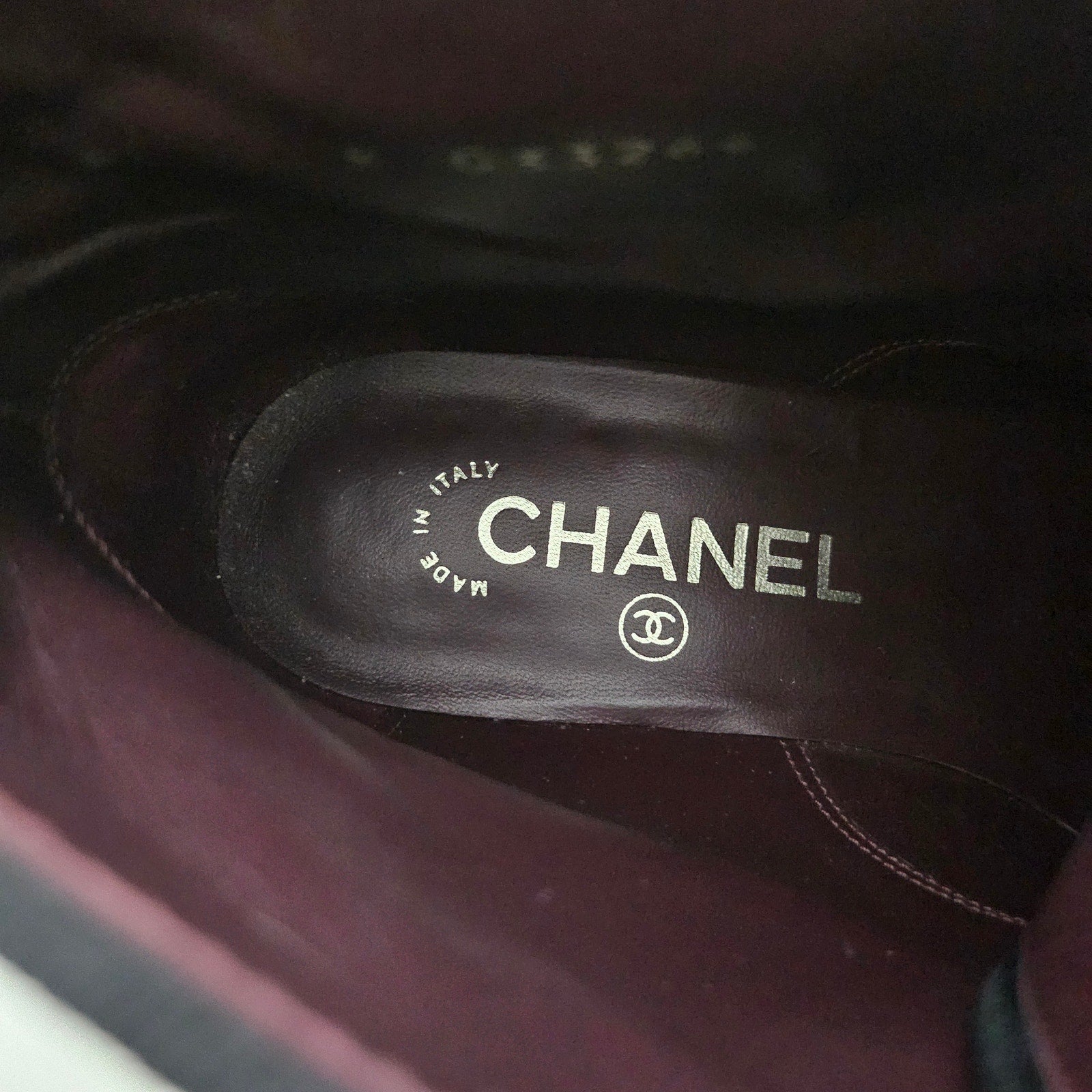 Chanel Burgundy/Black Patent and Leather CC Cap Toe Ankle Boots Size US 7.5 / EU 37.5