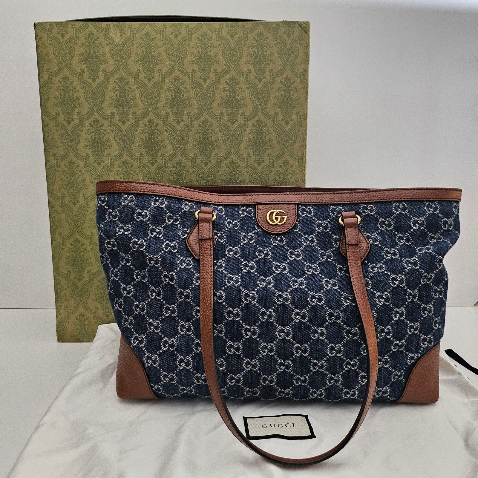 Gucci Denim GG Monogram Medium Ophidia Shopping Tote Blue Tea Cuir