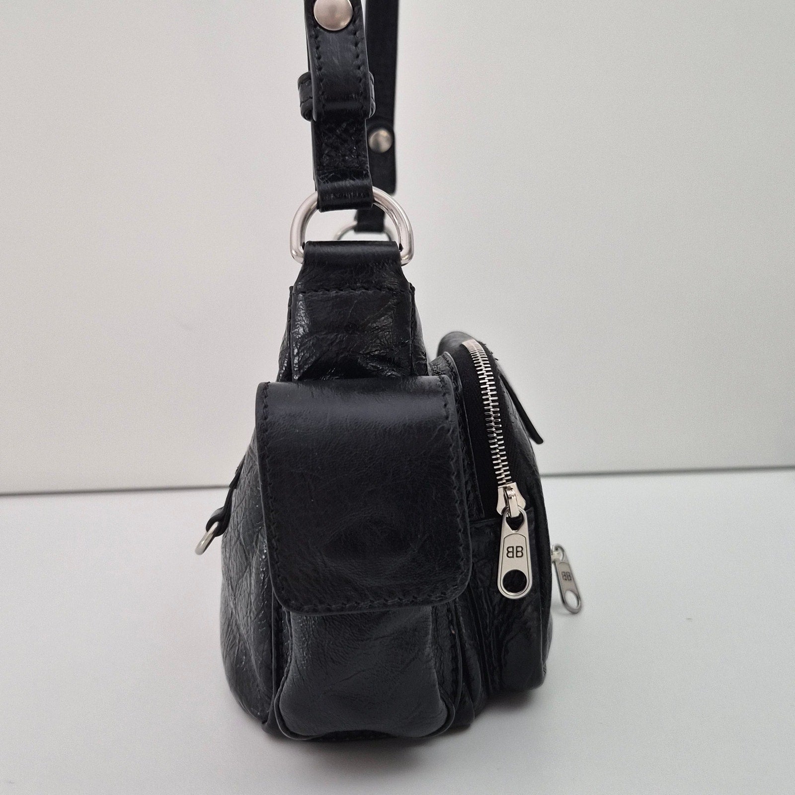 Balenciaga Agneau Arena Superbusy XS Sling Zip Shoulder Bag Black
