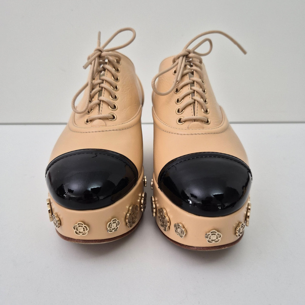 Chanel Beige and Black Camellia Platform Lace-Up Oxfords US 6.5 / EU 36.5