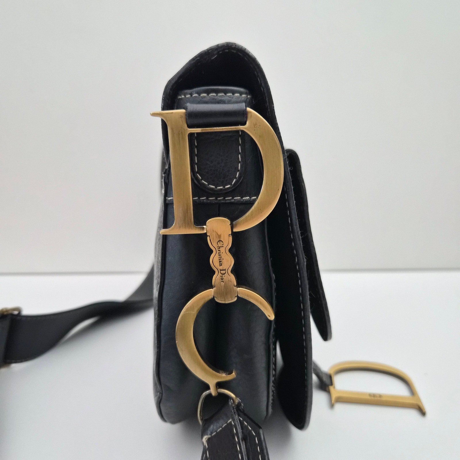 Christian Dior Vintage Saddle Messenger Bag Leather Black