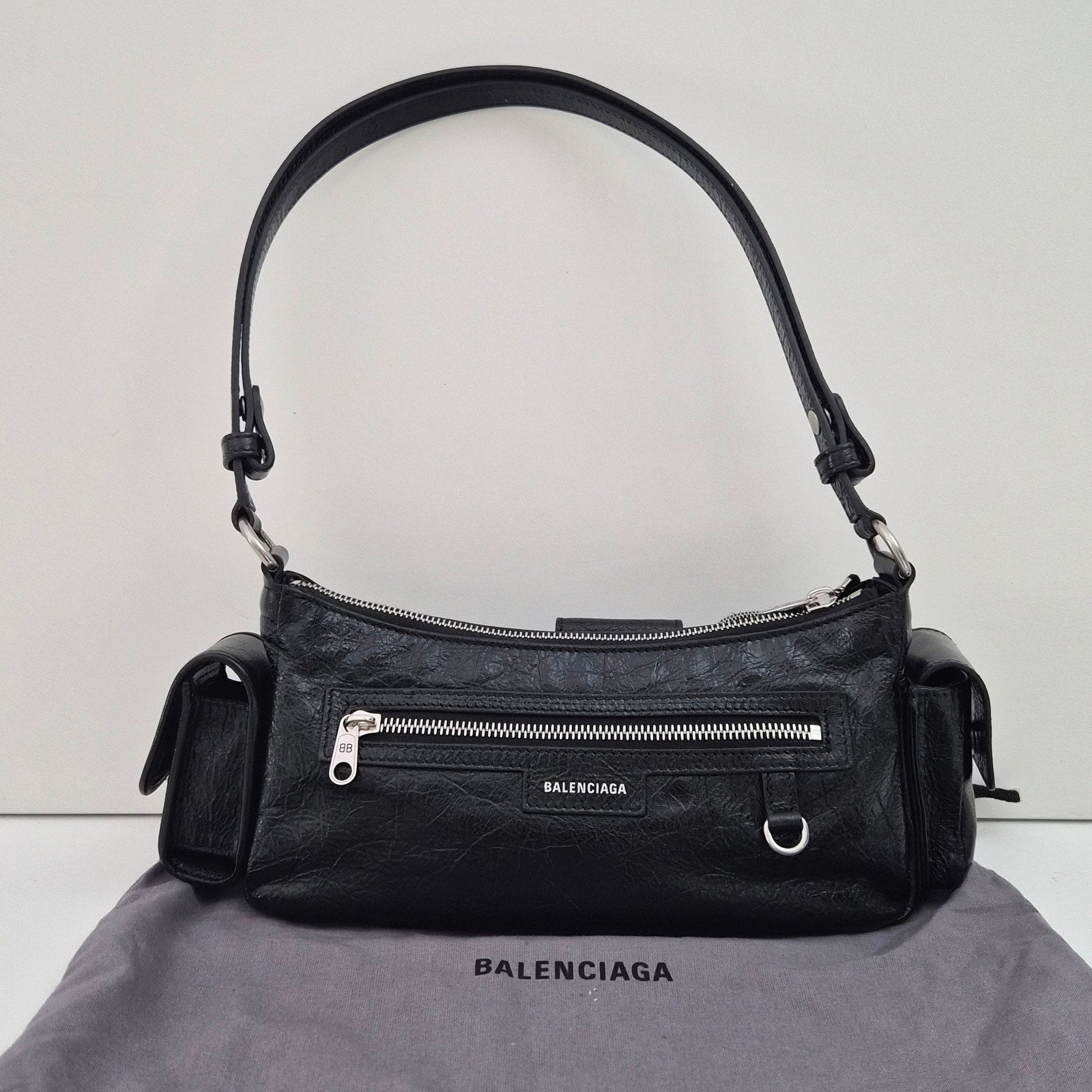 Balenciaga Agneau Arena Superbusy XS Sling Zip Shoulder Bag Black