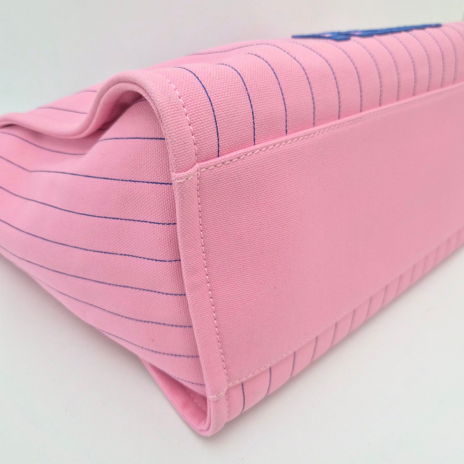 Chanel Deauville Medium Tote Bag Pink Pinstriped Canvas Blue Logo + Pouch