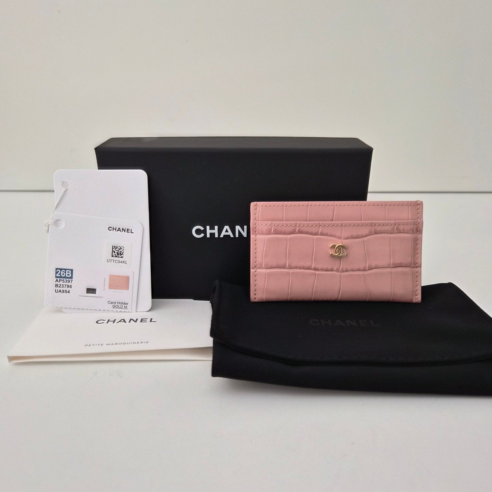 Chanel Calfskin Crocodile Embossed Crococo Card Holder Light Pink NWT