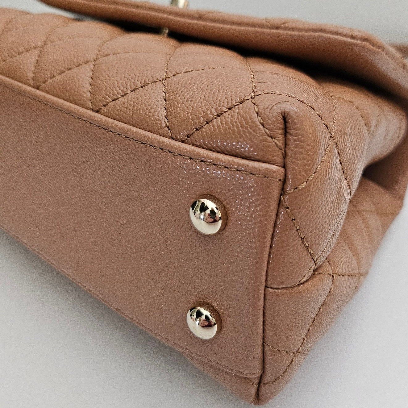 Chanel 21P Caramel Brown Caviar Leather Mini Coco Handle Gold Hardware