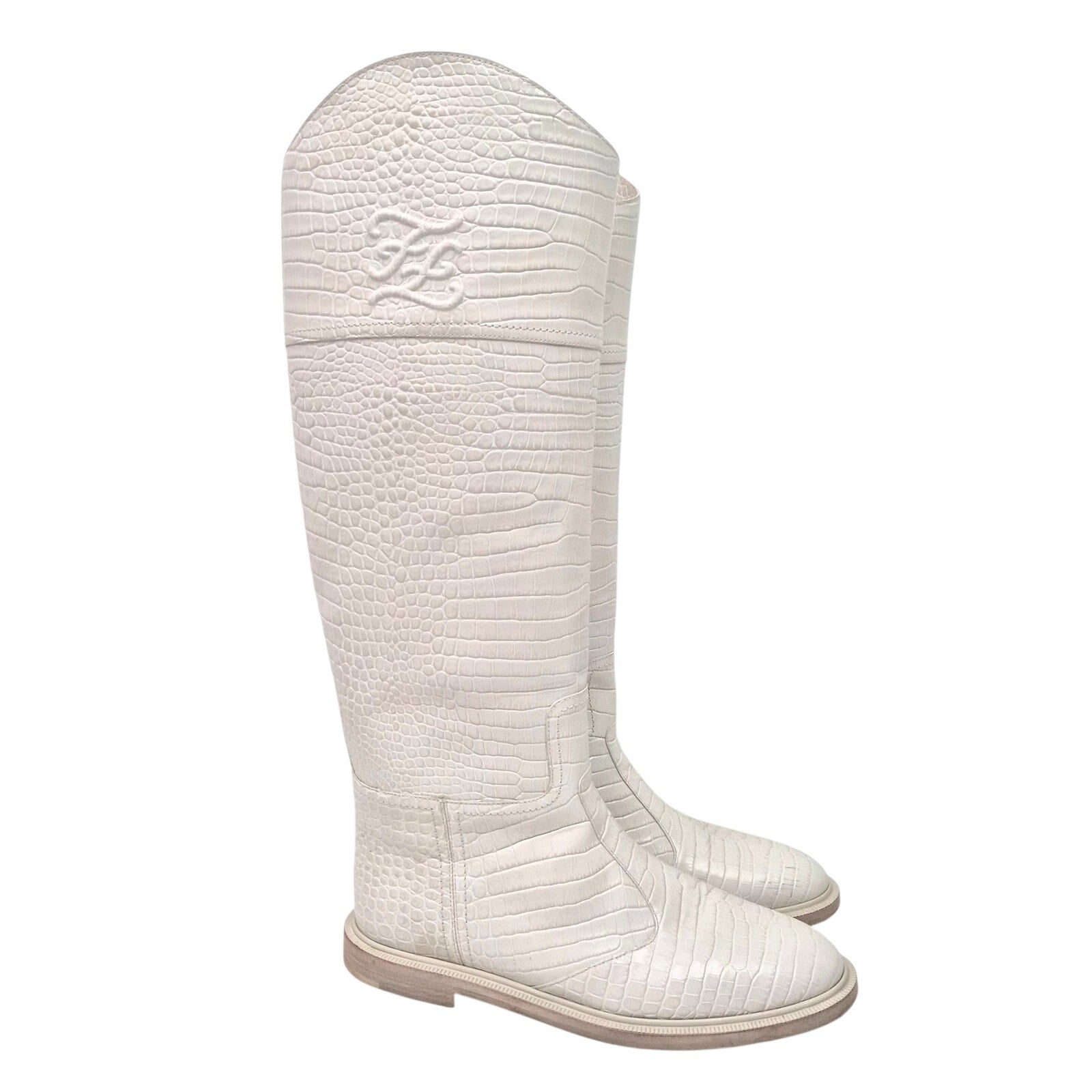 Fendi Karligraphy Cream Logo Croc Embossed Riding Boots Size US 8.5 / EU 38.5