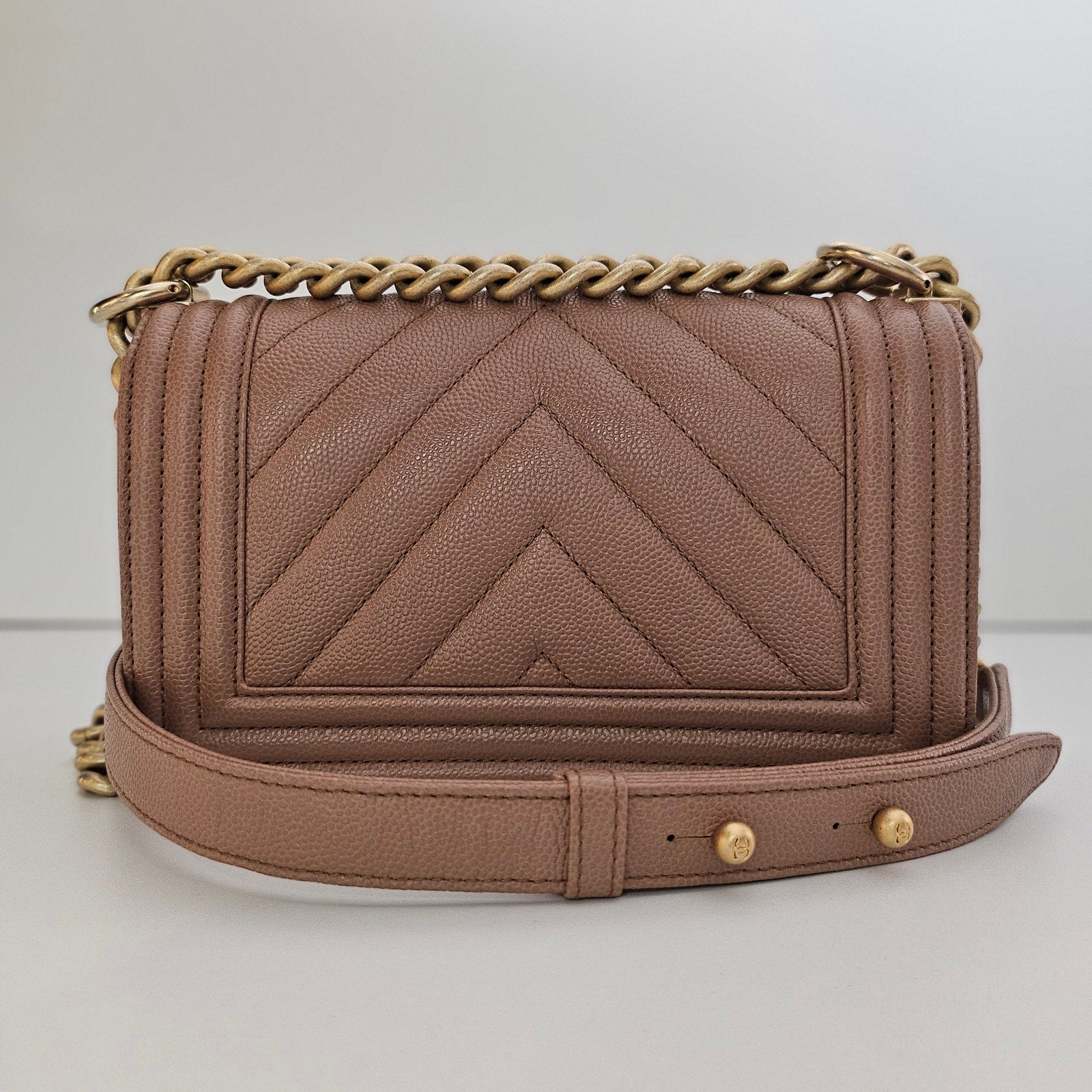 Chanel 18C Dark Beige Small Caviar Leather Boy Bag