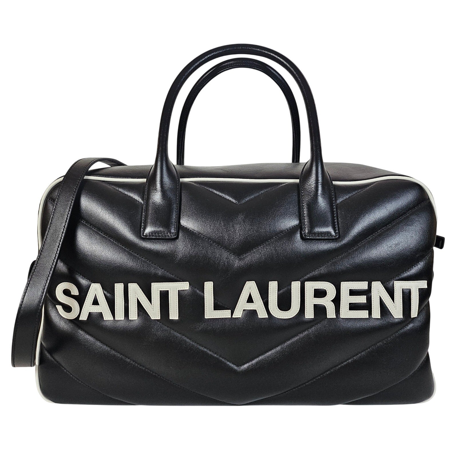 Saint Laurent Calfskin Miles Logo Bowler Duffel Bag Black