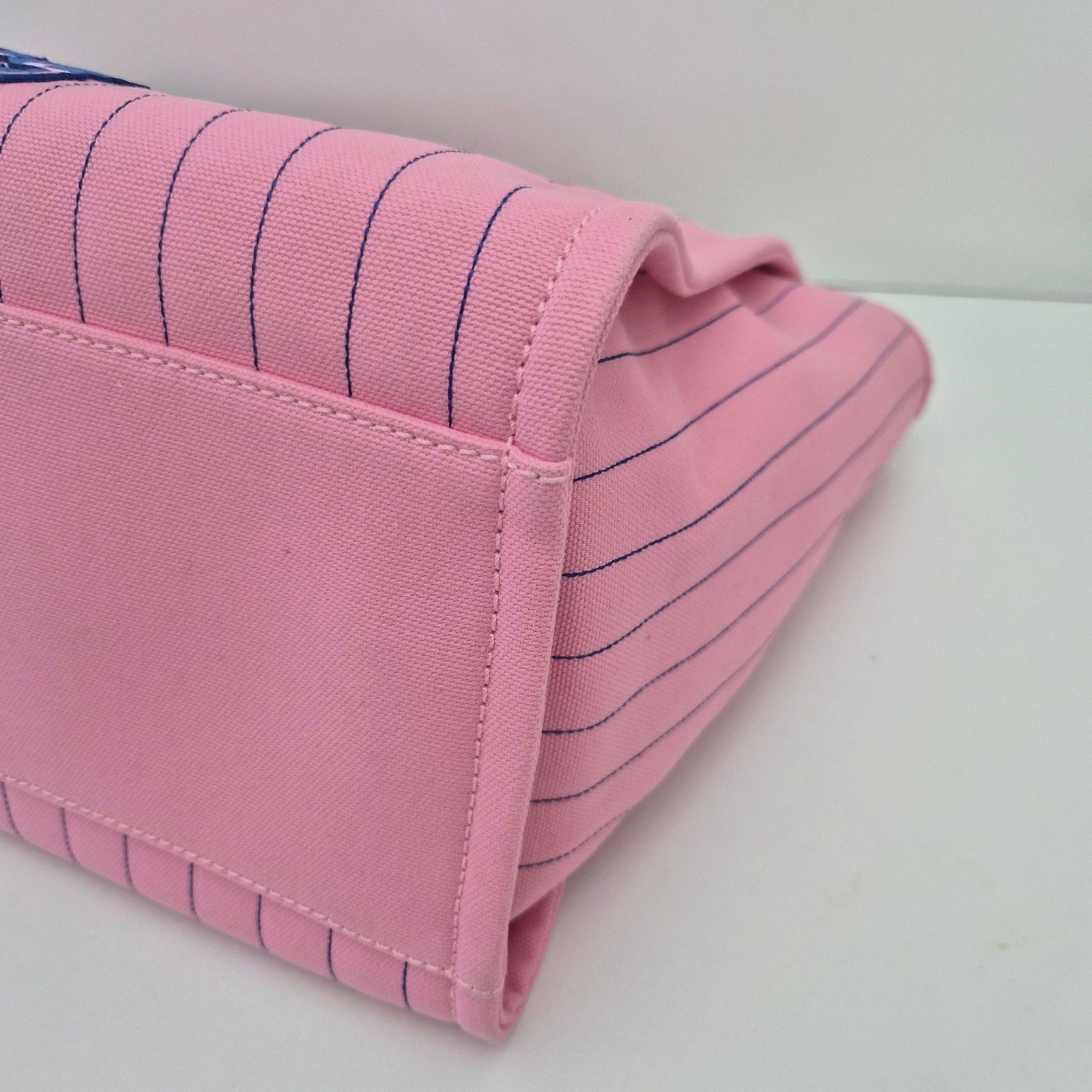 Chanel Deauville Medium Tote Bag Pink Pinstriped Canvas Blue Logo + Pouch