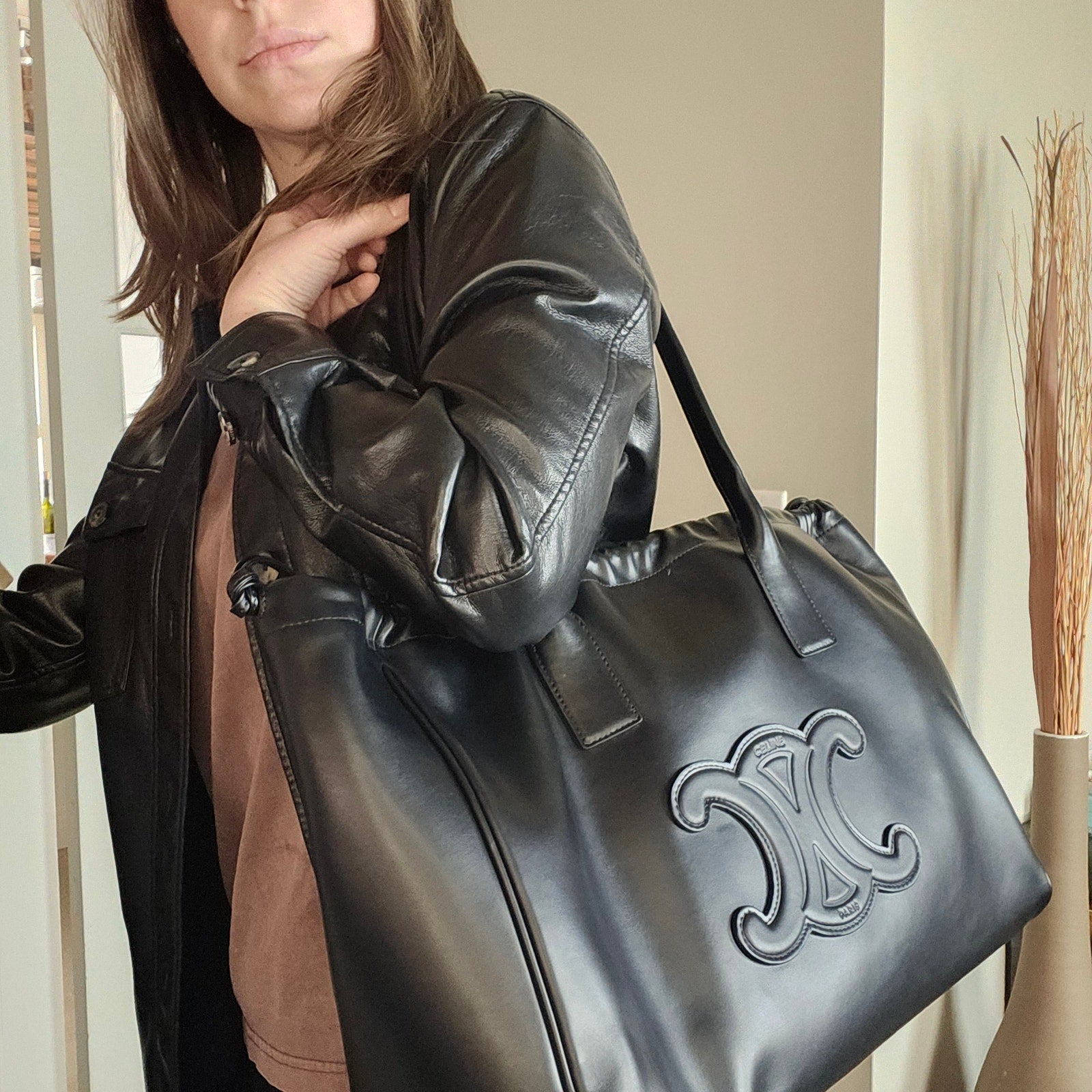 Celine Large Cabas Hippo Drawstring Cuir Triomphe Smooth Leather Tote Black