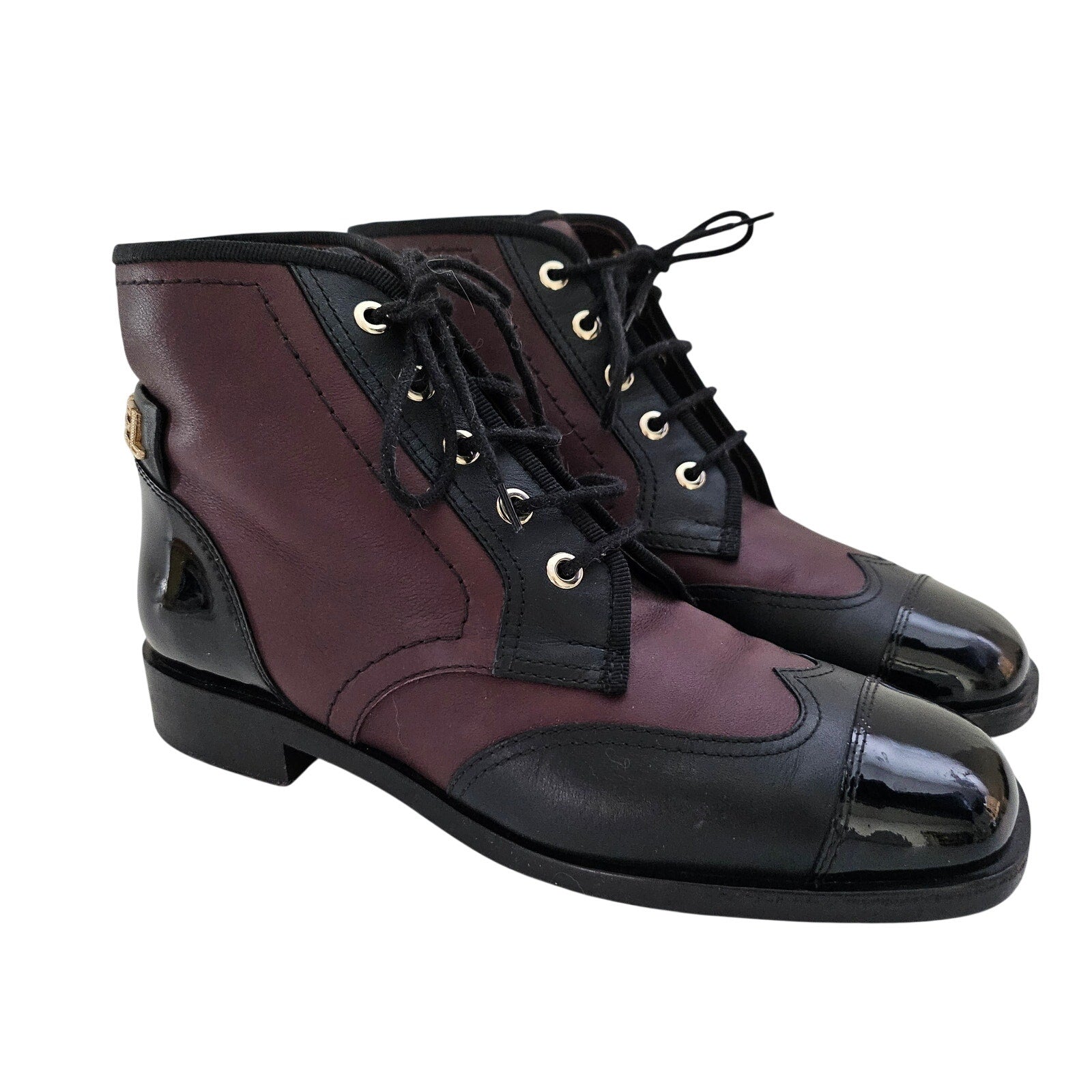 Chanel Burgundy/Black Patent and Leather CC Cap Toe Ankle Boots Size US 7.5 / EU 37.5