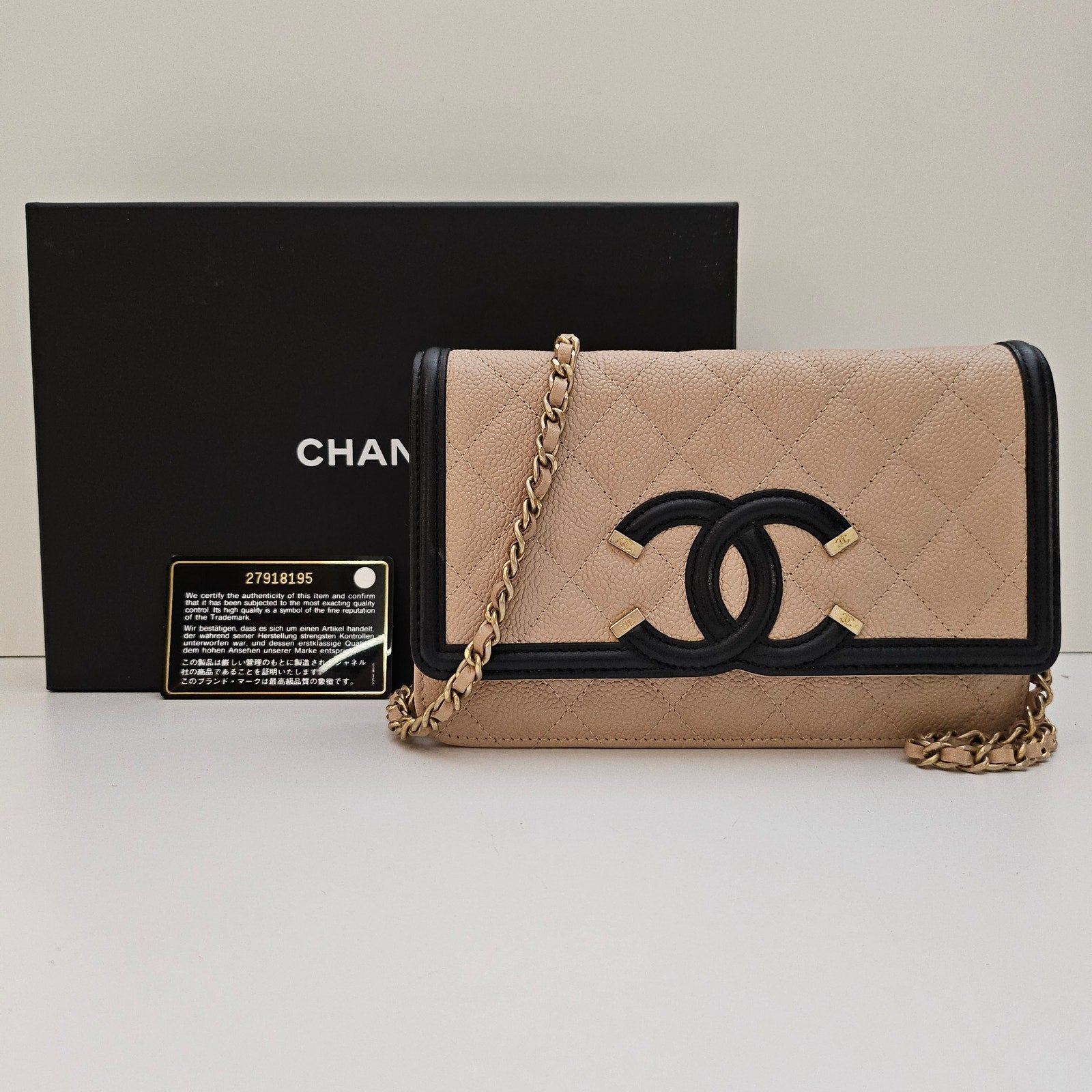 Chanel Caviar Quilted CC Filigree Wallet On Chain WOC Black Tan