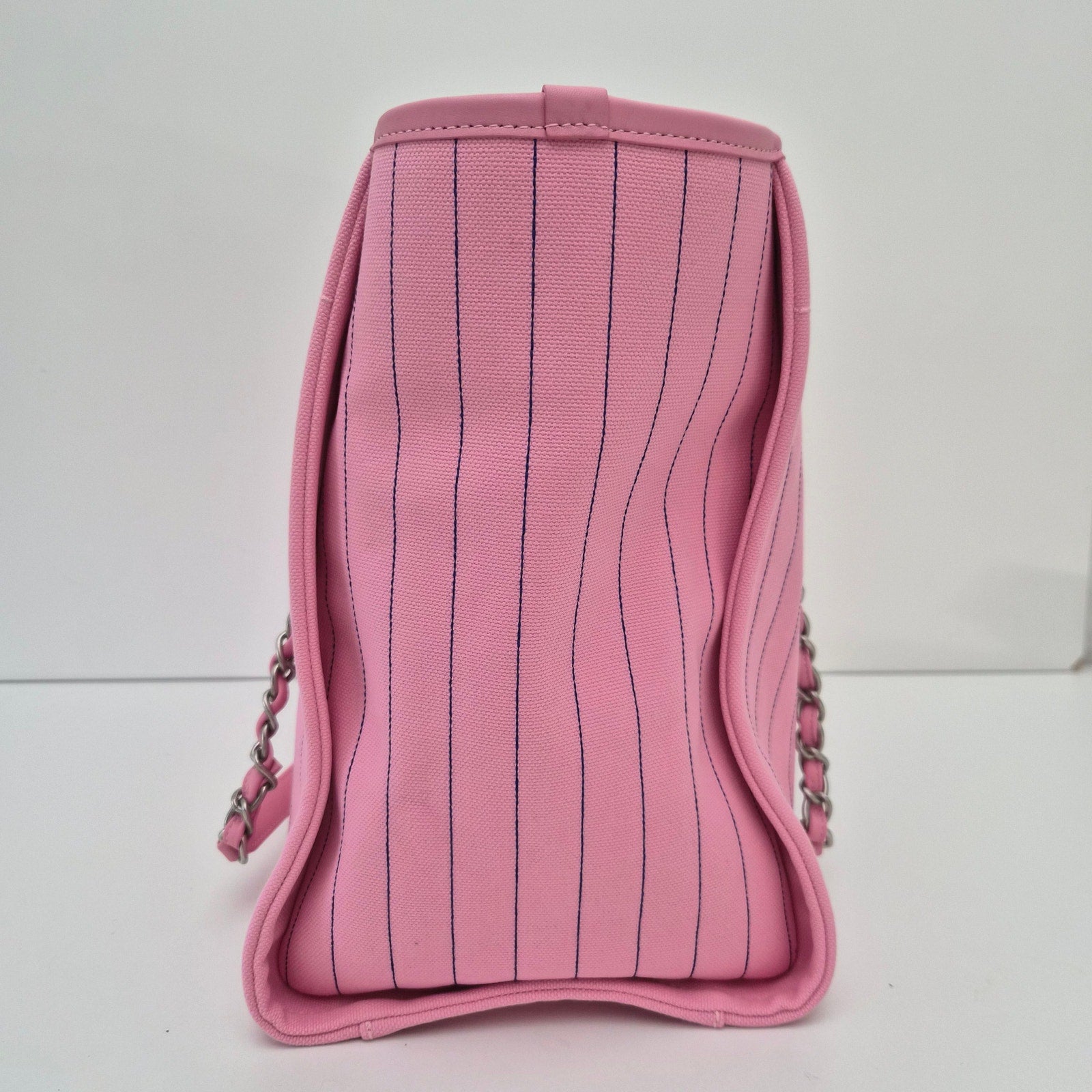 Chanel Deauville Medium Tote Bag Pink Pinstriped Canvas Blue Logo + Pouch