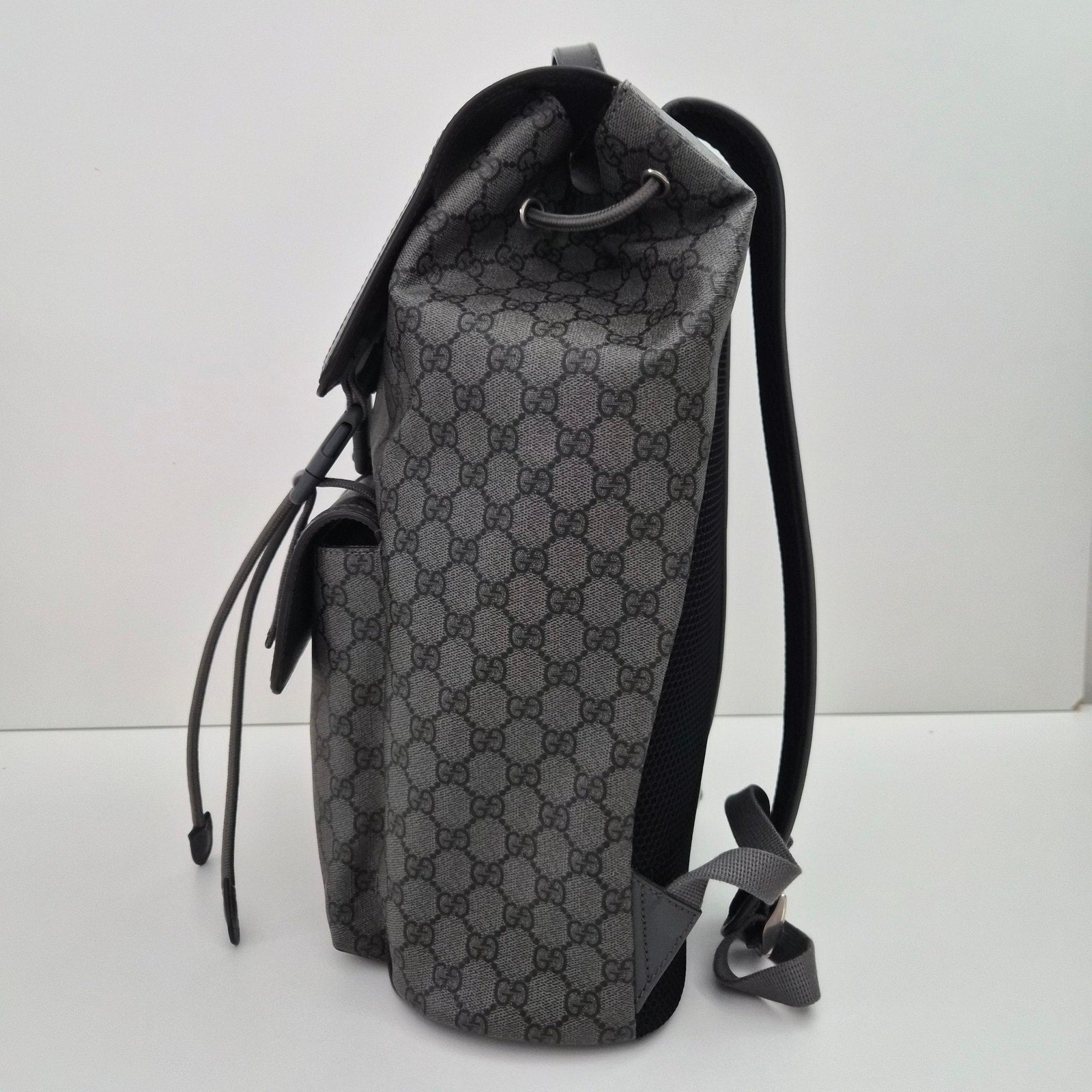 Gucci Ophidia Large Double Buckle Gray GG Canvas Backpack New