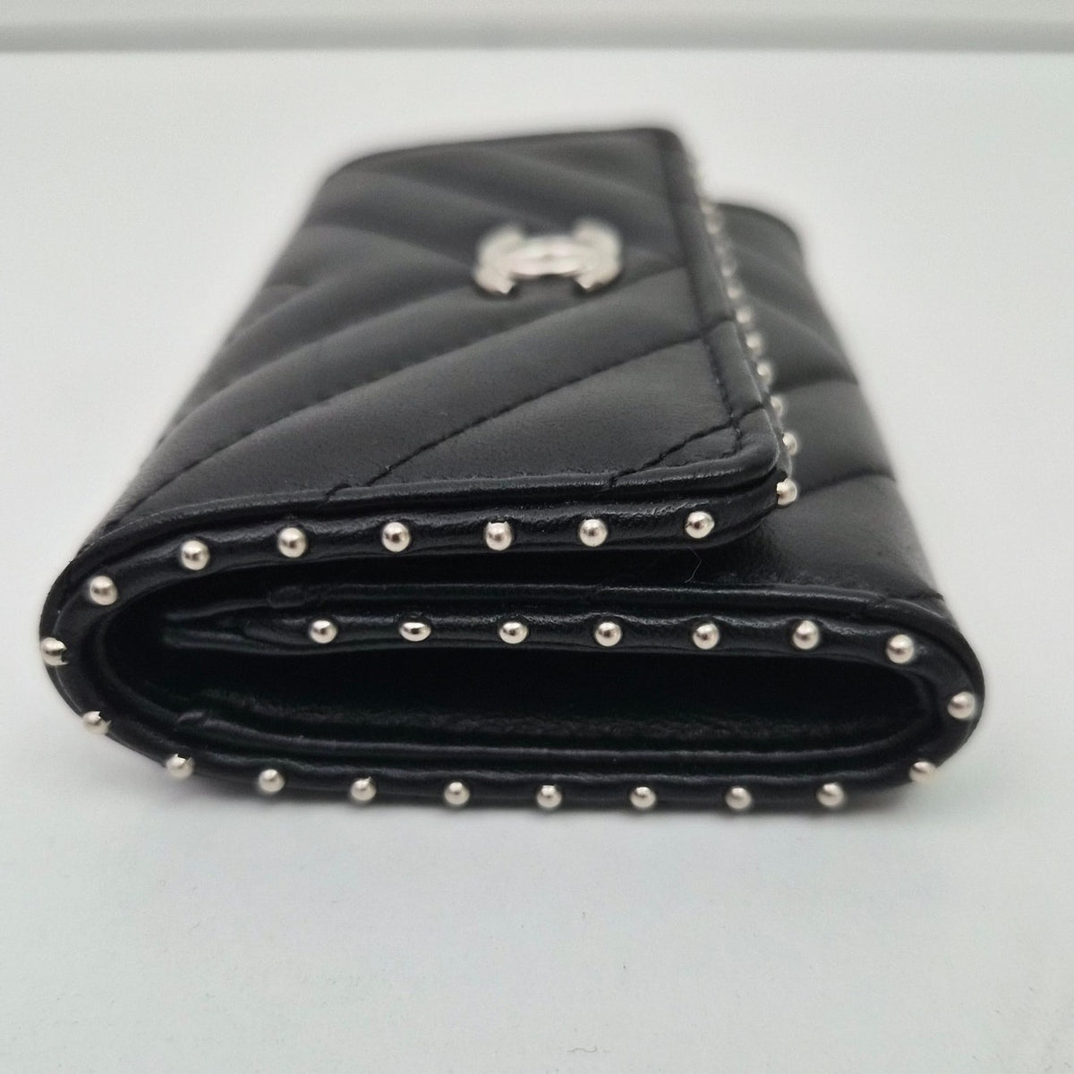 Chanel Lambskin Chevron Quilted Studded Cardholder Wallet Black