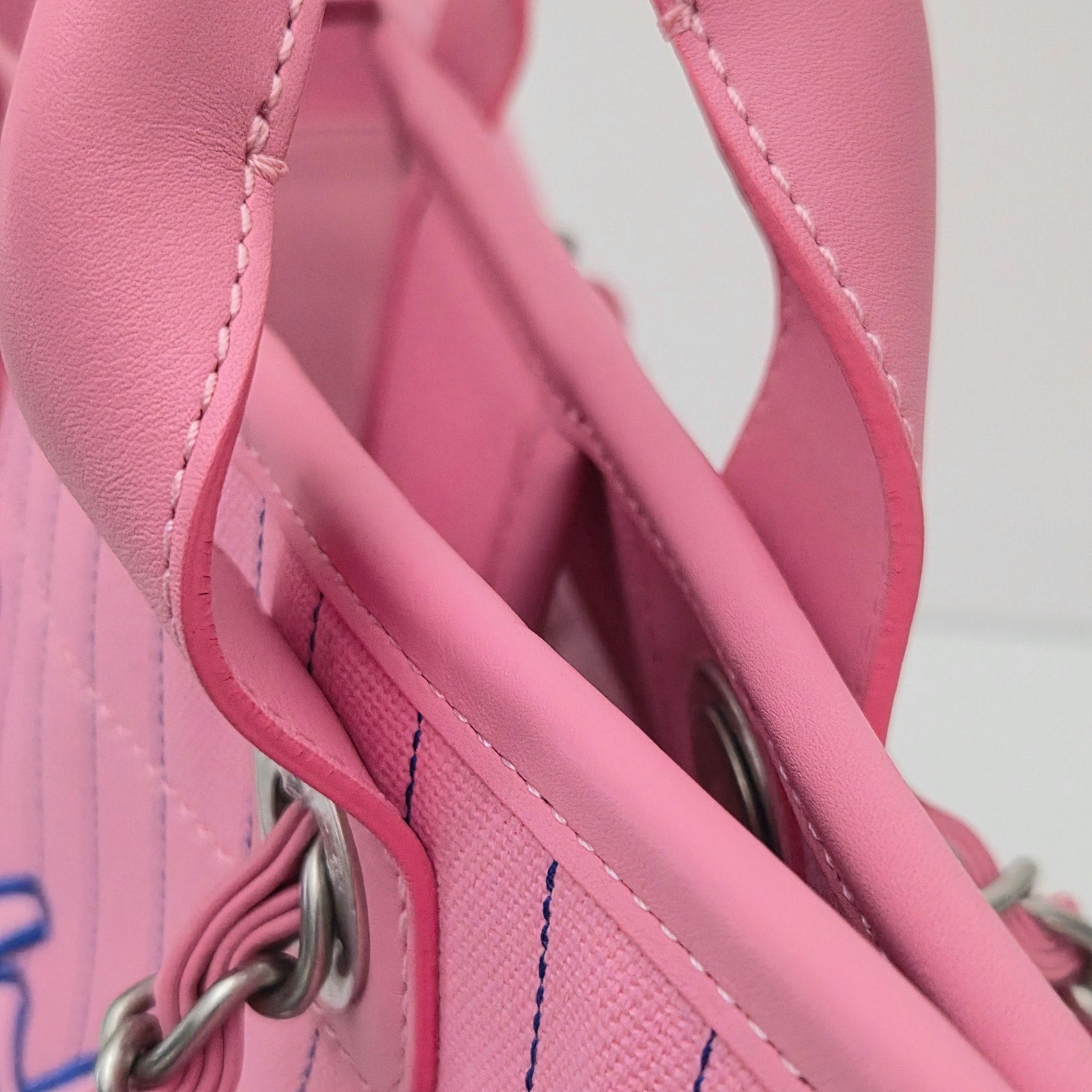 Chanel Deauville Medium Tote Bag Pink Pinstriped Canvas Blue Logo + Pouch
