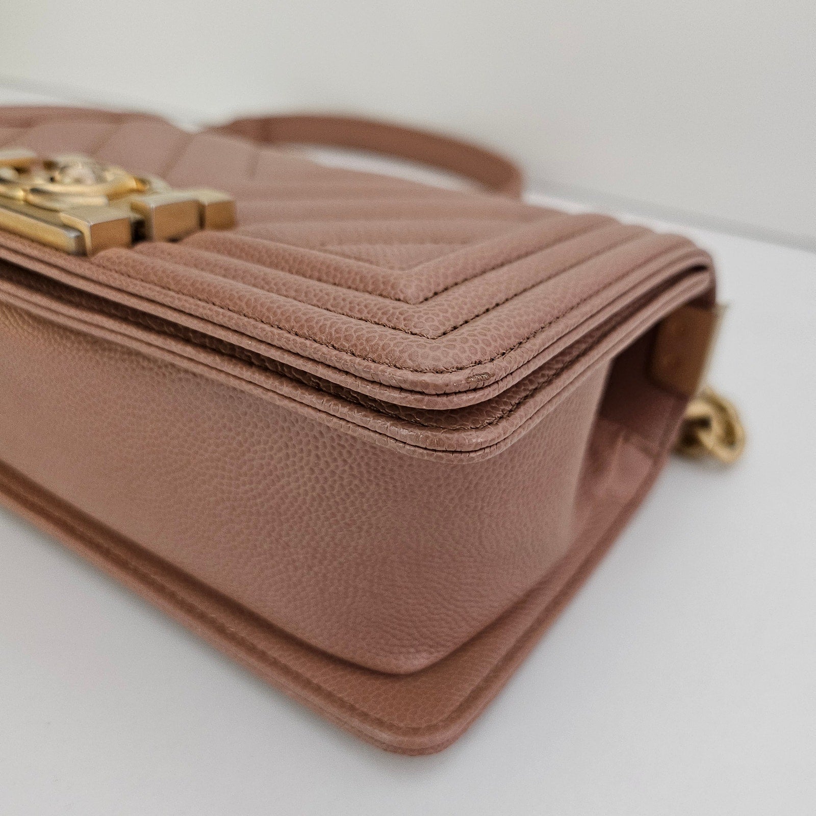 Chanel 18C Dark Beige Small Caviar Leather Boy Bag