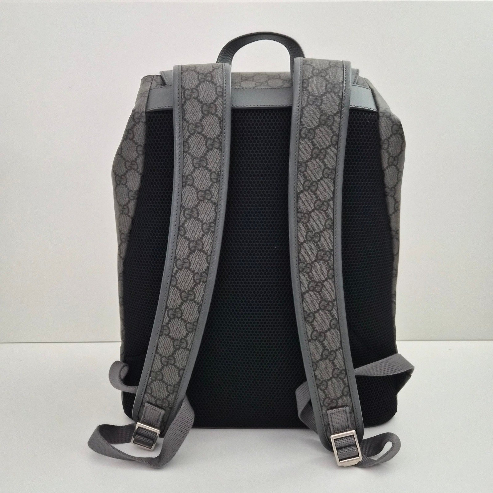 Gucci Ophidia Large Double Buckle Gray GG Canvas Backpack New