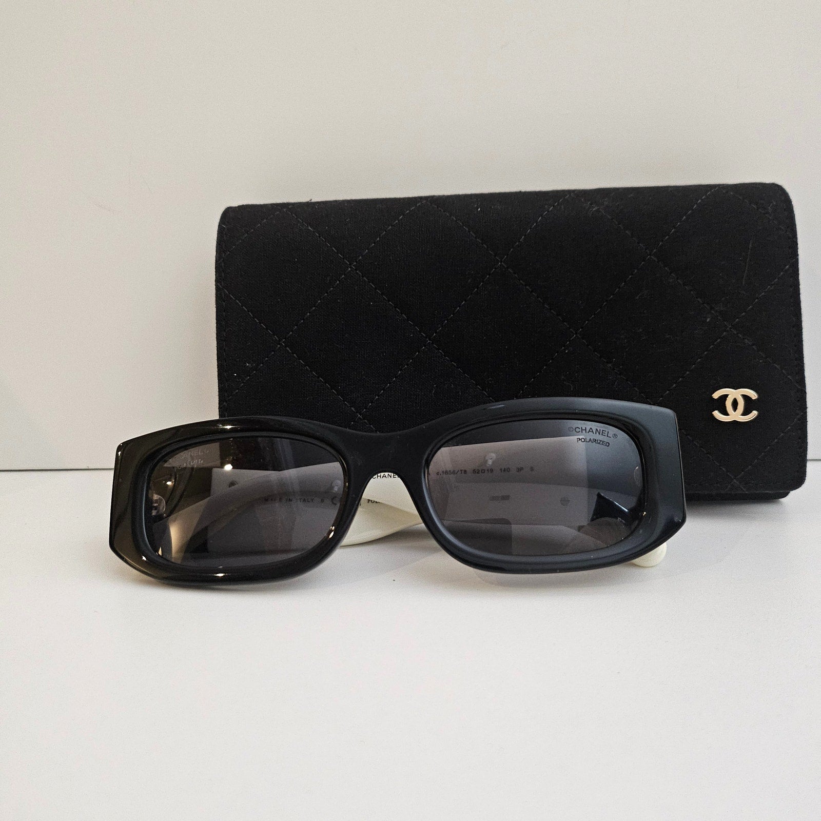 Chanel Sunglasses 5525-A c.1656/T8 Black White with Gray Polarized Lenses