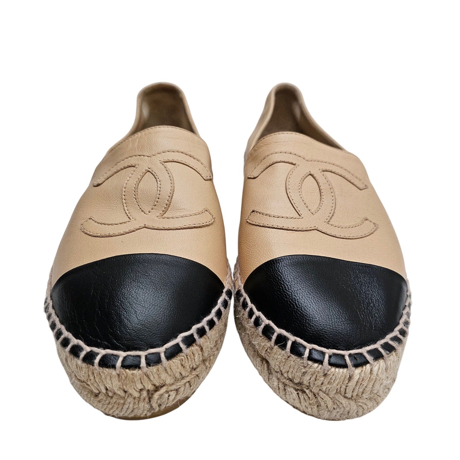 Chanel Bi-Color Black Beige Lambskin CC Logo Espadrilles US 7 / EU 37