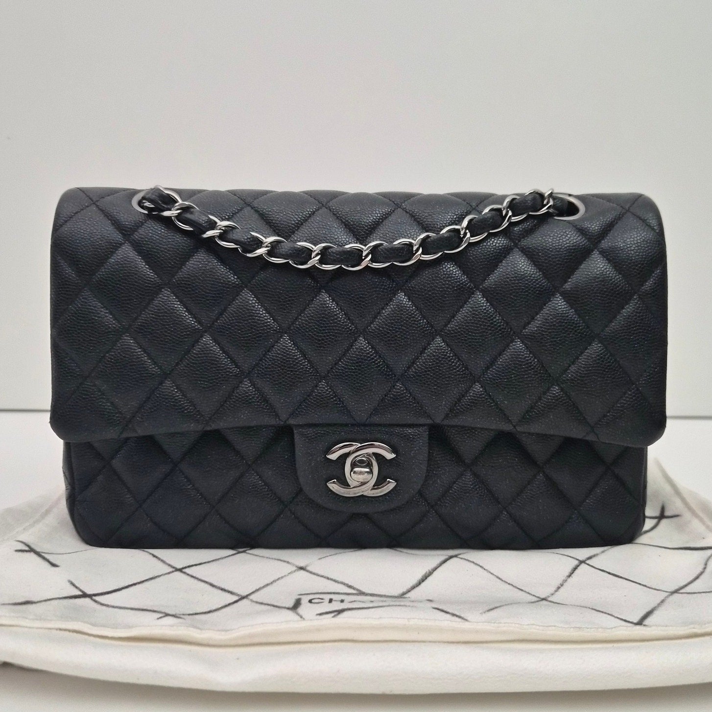 Chanel Classic Medium Glitter Flap 18C Iridescent Black Caviar Gunmetal Hardware