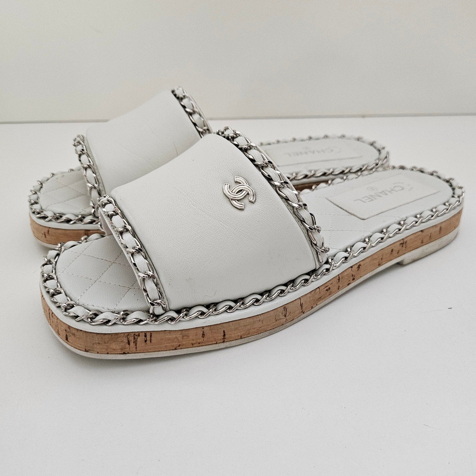 Chanel White Leather CC Chain Slides US 8 / EU 38