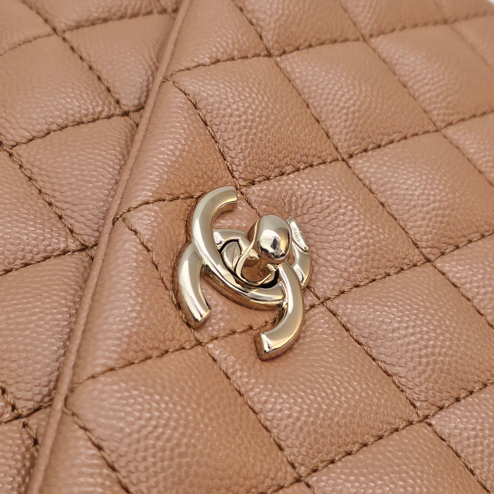 Chanel 21P Caramel Brown Caviar Leather Mini Coco Handle Gold Hardware
