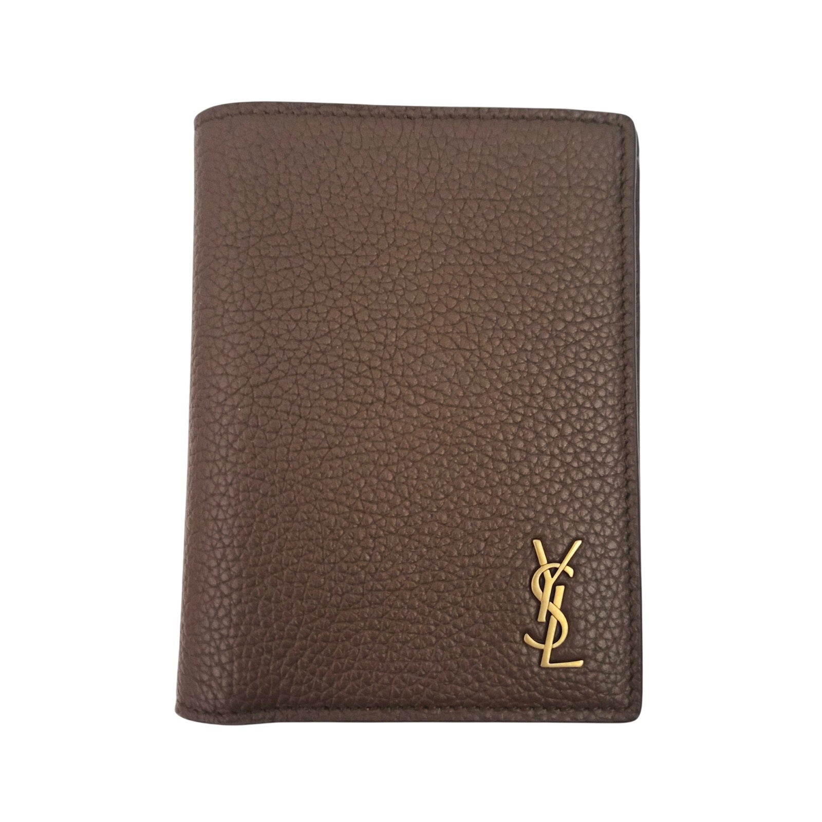 Saint Laurent Tiny Cassandre Credit Card Wallet in Grained Leather Brown