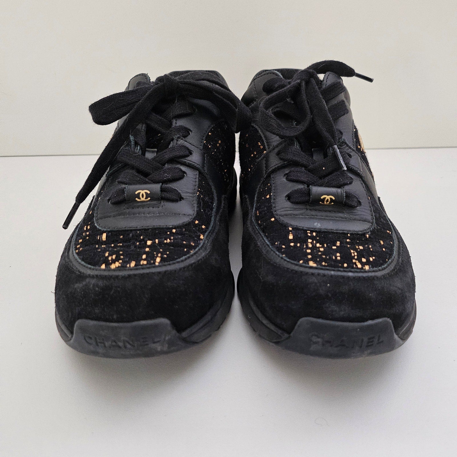 Chanel CC Black Suede Trainer Sneakers US 8.5 / EU 38.5