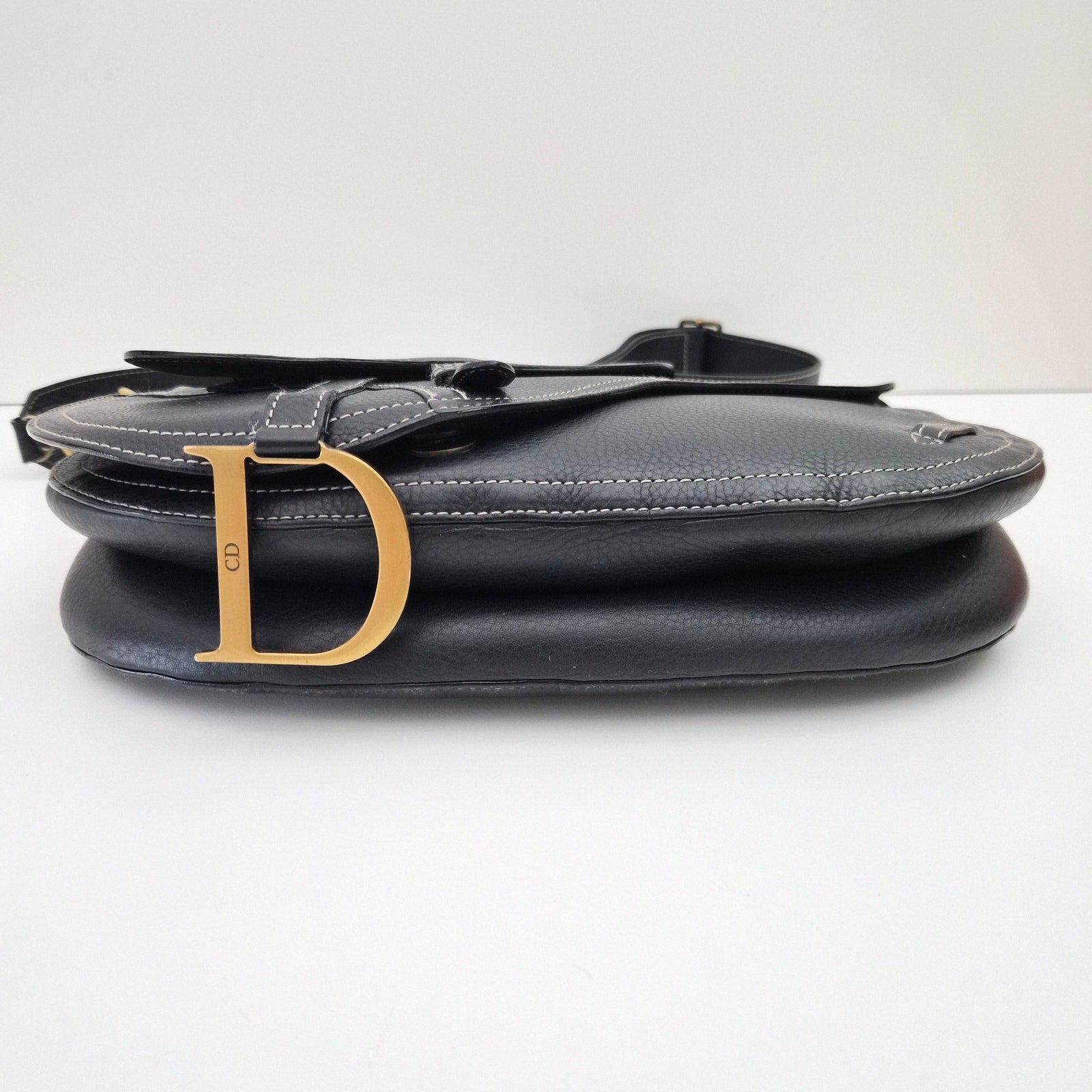 Christian Dior Vintage Saddle Messenger Bag Leather Black