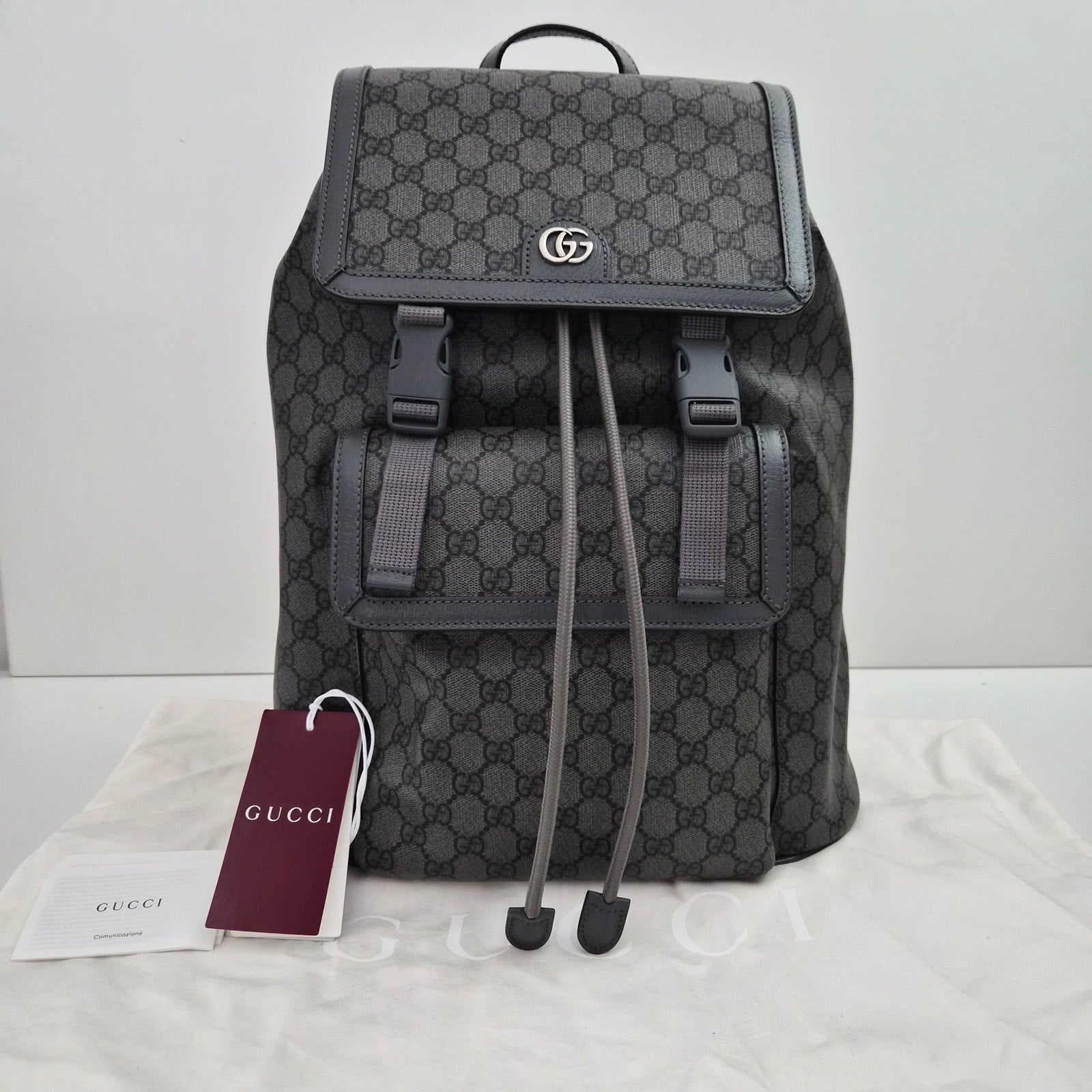 Gucci Ophidia Large Double Buckle Gray GG Canvas Backpack New