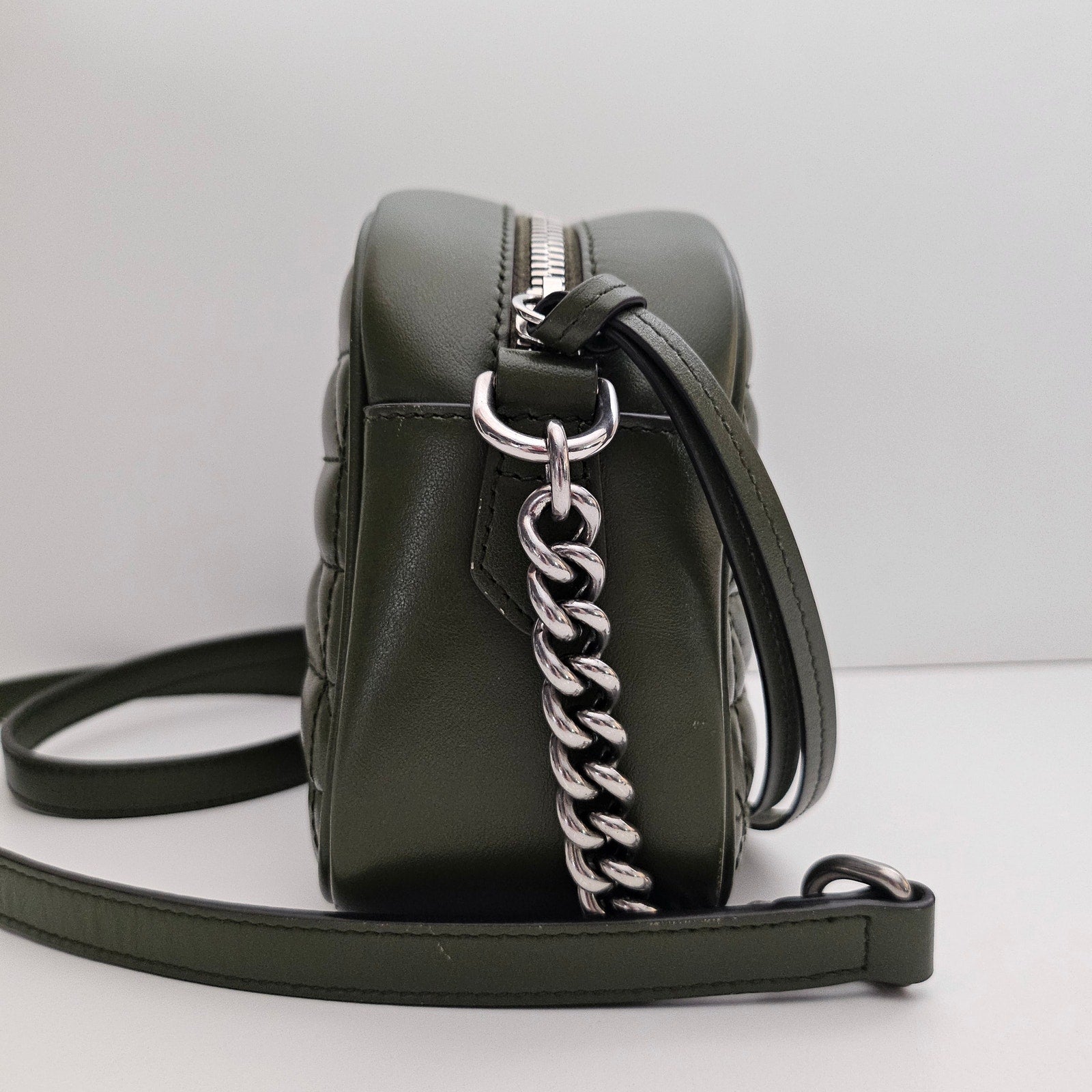 Gucci Calfskin Matelasse Aria Small GG Marmont Chain Shoulder Bag Green