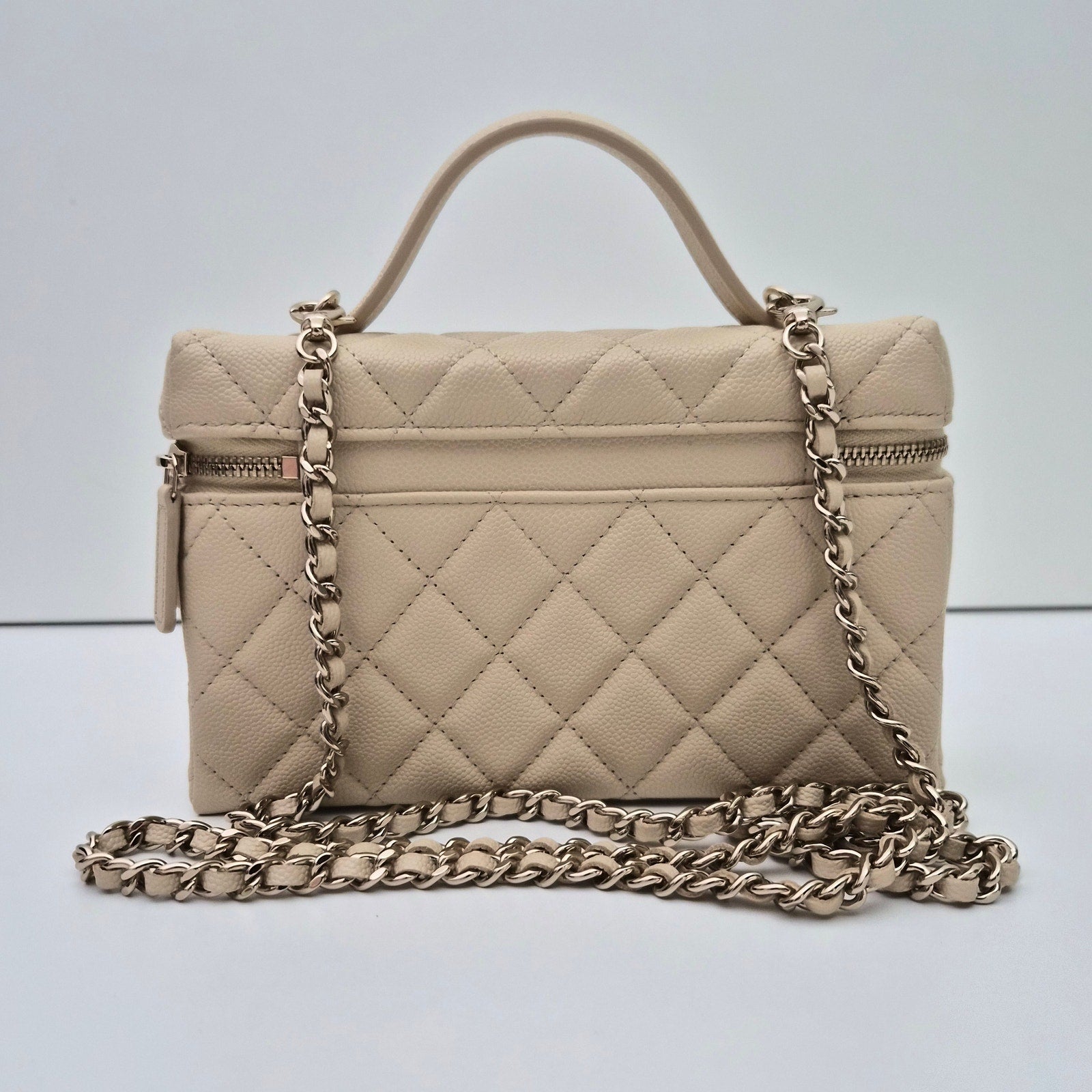 Chanel Caviar Quilted Top Handle Slim Vanity With Chain Beige