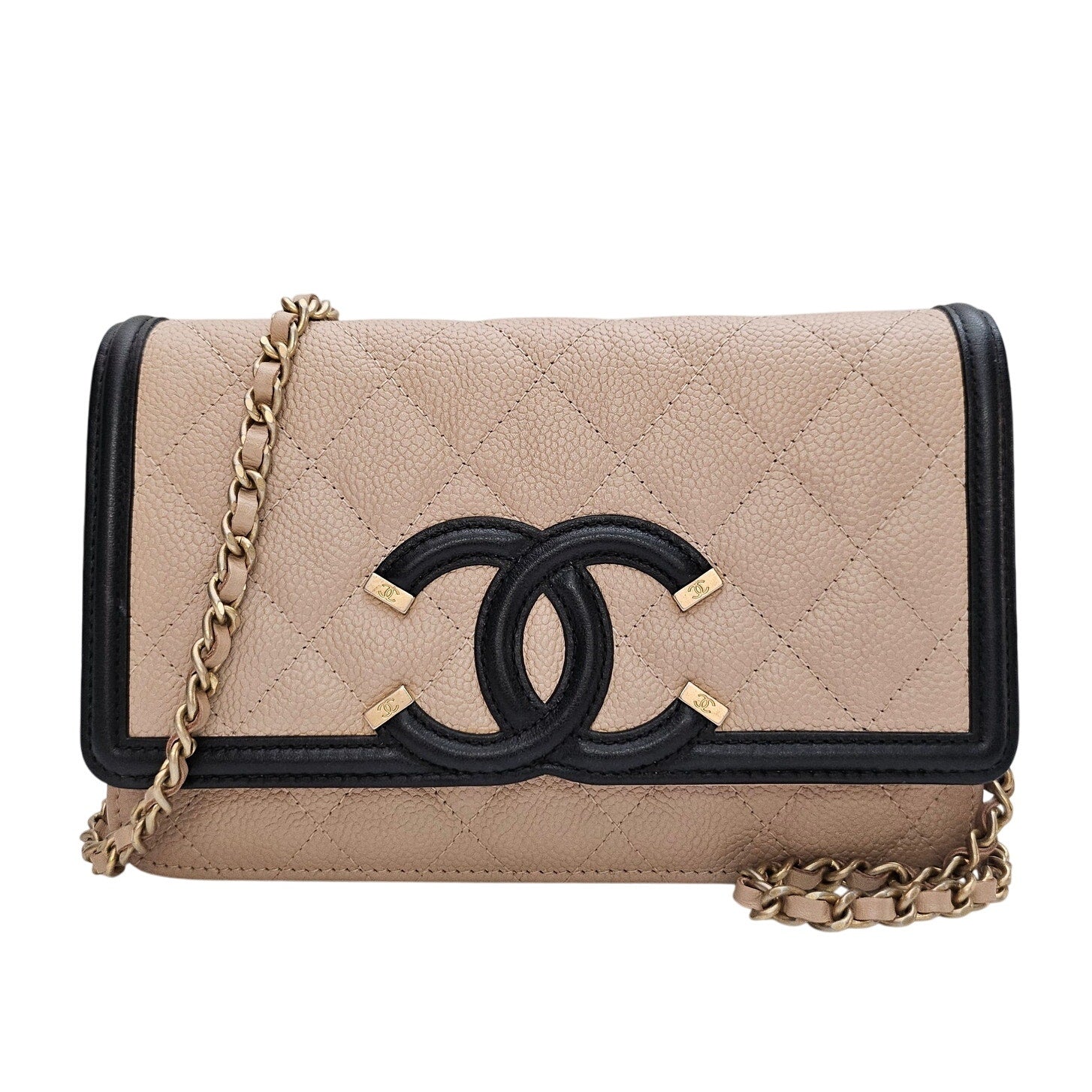 Chanel Caviar Quilted CC Filigree Wallet On Chain WOC Black Tan