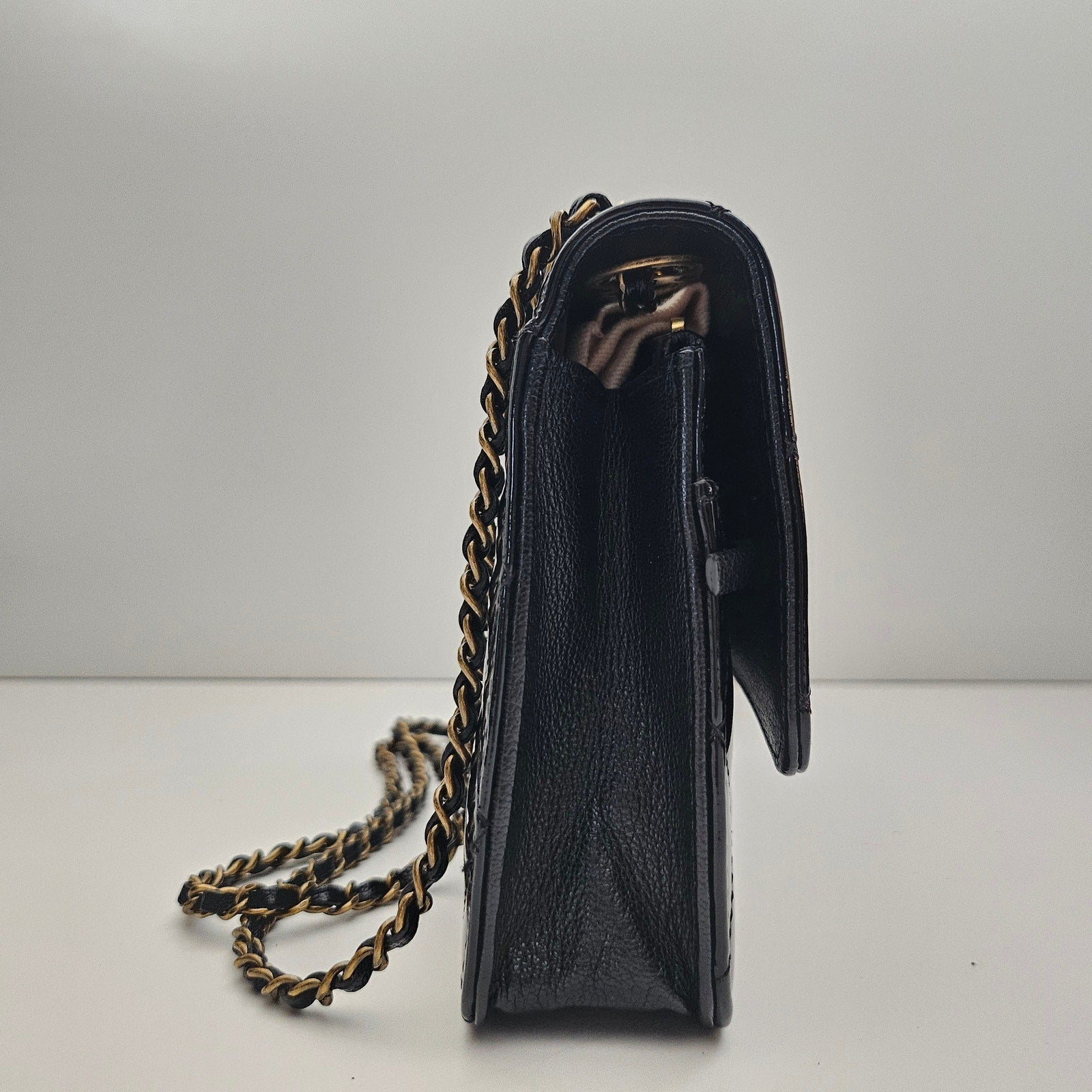 Chanel Patent Goatskin Quilted CC Eyelet Wallet On Chain WOC Black