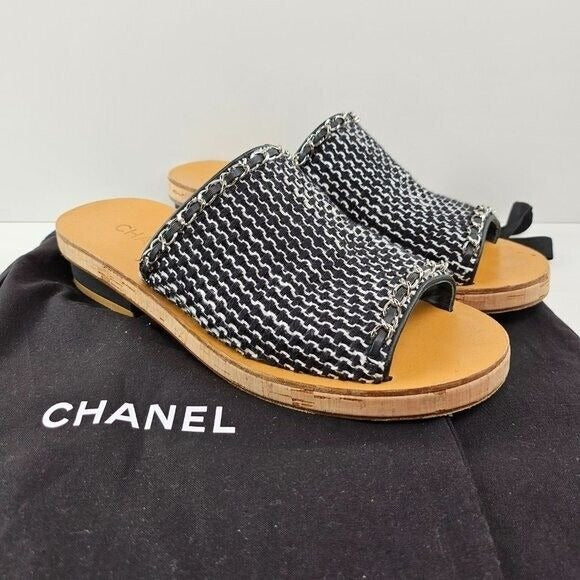 Chanel Black Chain Leather Cork Slide Sandals US 9 / EU 39