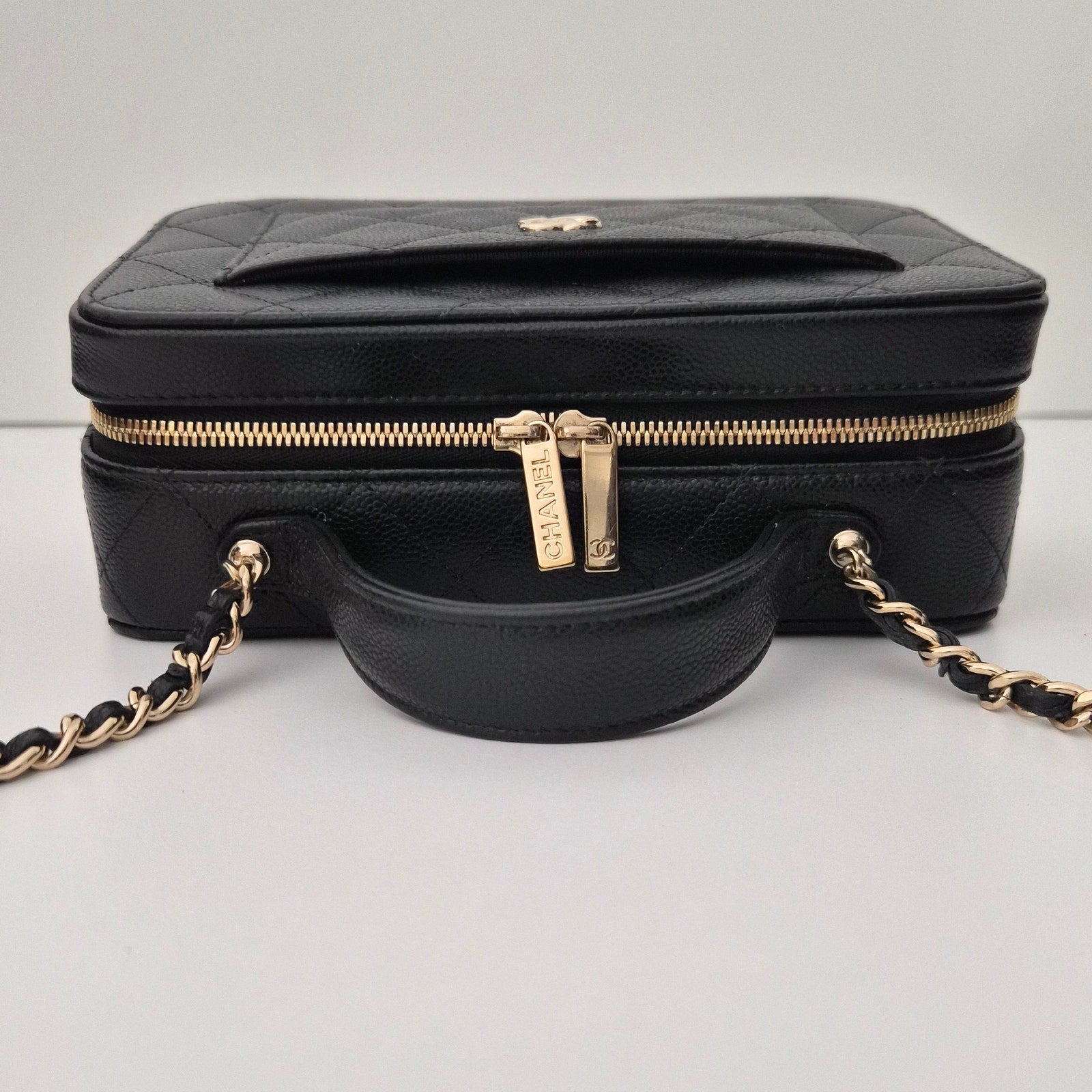 Chanel Caviar Quilted Top Handle Vanity With Chain Black